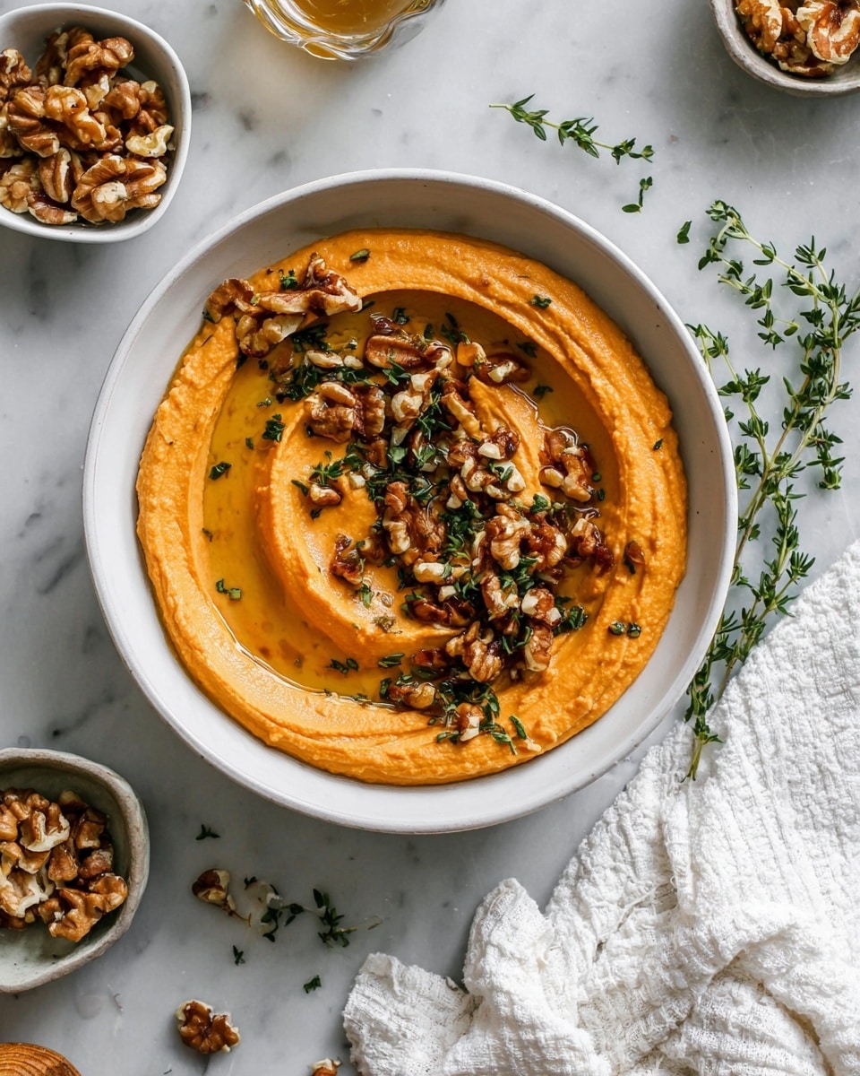 A white bowl holds a smooth, thick layer of bright orange spread with a swirl pattern on top. In the center, there is a pile of roughly chopped light brown walnuts, scattered with fresh green thyme leaves, adding texture and color contrast. Around the bowl, there is a white cloth, some additional walnuts in a small white bowl, a small white bowl with honey in the background, and a piece of bread on a wooden board on a white marbled surface. photo taken with an iphone --ar 4:5 --v 7