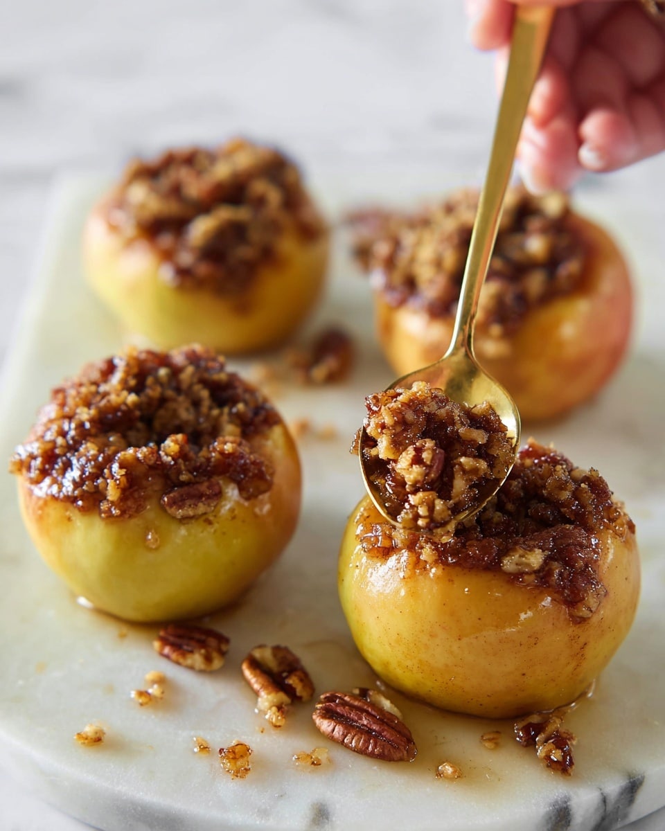 The image shows four baked apples placed on a white marbled surface. Each apple has a top layer of dark brown, sticky pecans and crumbly topping, filling the hollow centers of the apples. The apples themselves are golden yellow with soft, slightly wrinkled skin from baking. In the foreground, a woman's hand is holding a golden spoon that is scooping into one apple, spilling some of the sticky pecan filling out onto the white marbled surface. Small pieces of pecans and crumbs are scattered around the apples. Photo taken with an iphone --ar 4:5 --v 7