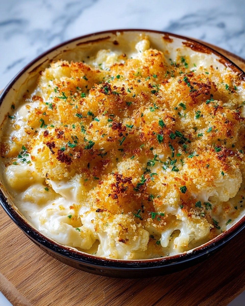 The image shows a close-up of a baked dish in a round white bowl with a dark rim placed on a wooden board. The dish has a golden-brown crispy breadcrumb topping scattered with small pieces of green herbs. Beneath the topping, there is a creamy, white sauce mixed with chunks of cauliflower that are soft and white with slightly browned edges. The texture looks rich and smooth with some bubbling around the edges. The setting is on a white marbled surface that adds a clean and bright background to the warm colors of the dish. Photo taken with an iphone --ar 4:5 --v 7