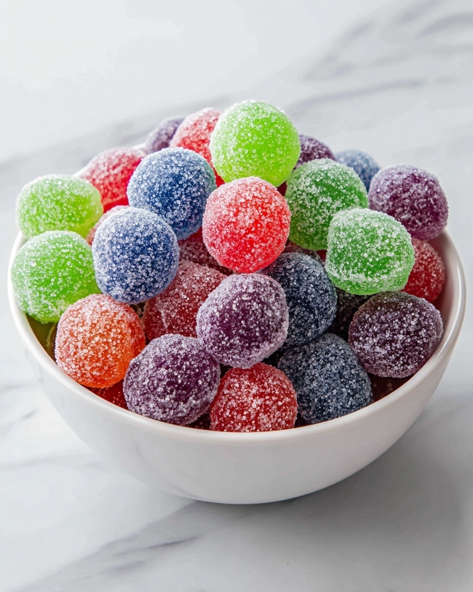 A white bowl filled with small round gumdrops covered in sugar crystals, showing a mix of red, green, purple, blue, and orange colors. The gumdrops are piled high with some stacked and others nestled inside, creating a textured and colorful look. The bowl sits on a smooth white marbled surface. photo taken with an iphone --ar 4:5 --v 7