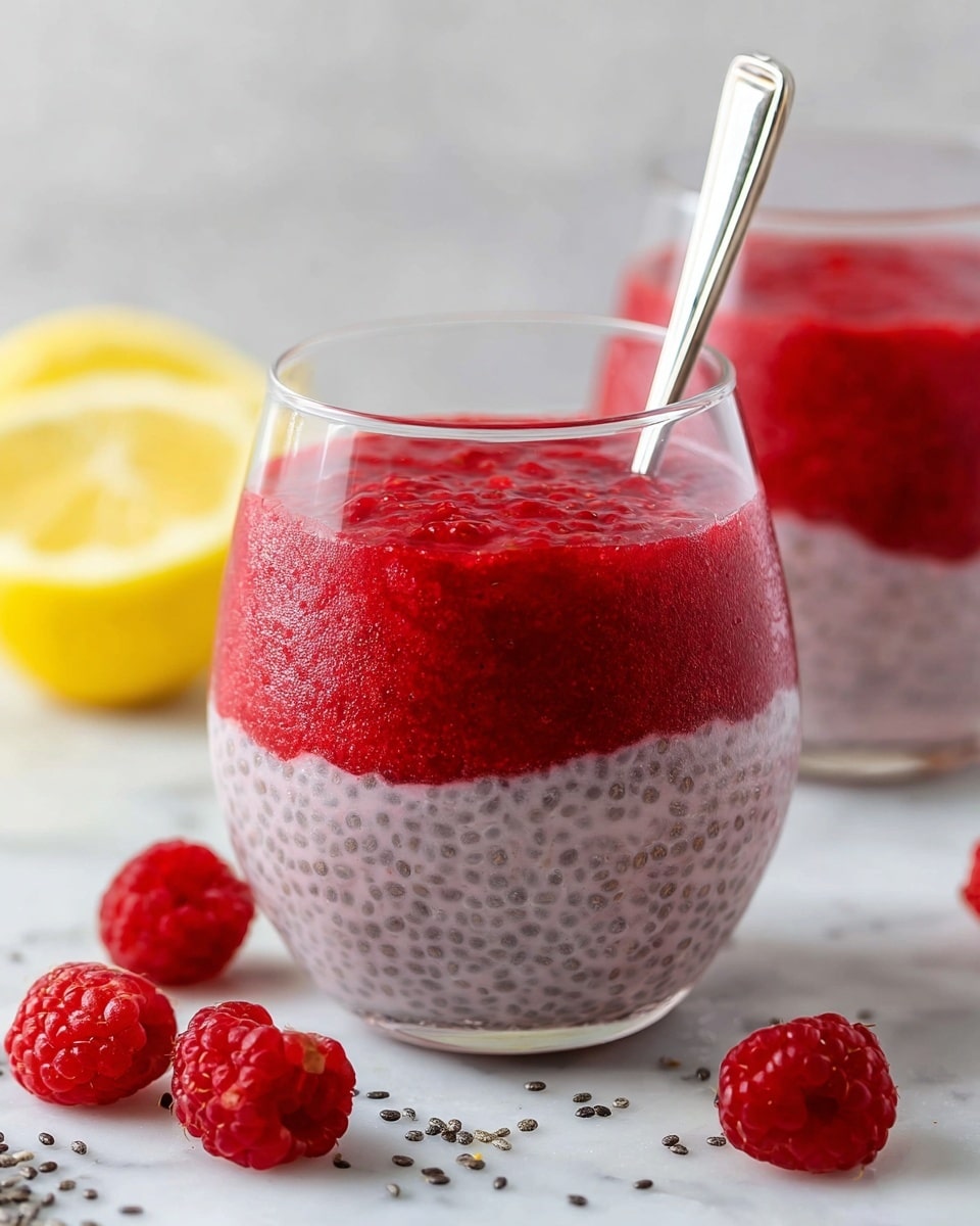 A clear glass filled with two distinct layers: the bottom layer is creamy pink chia pudding with visible black chia seeds spread evenly, while the top layer is a thick, vibrant red raspberry puree that covers the pudding. A silver spoon is placed inside the glass, leaning against the rim. Around the glass, there are fresh red raspberries, scattered black chia seeds, and a bright yellow lemon wedge on a white marbled surface. Another similar glass, slightly out of focus, is in the background. photo taken with an iphone --ar 4:5 --v 7