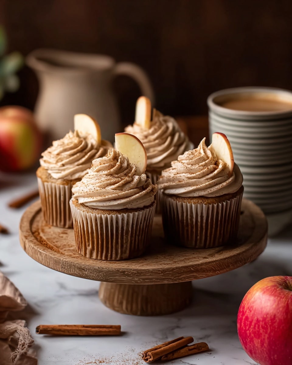 The image shows four cupcakes placed closely on a round wooden stand. Each cupcake has a brown base with a swirled light beige frosting on top, sprinkled with a fine dust of cinnamon or nutmeg. Behind the frosting on each cupcake are two thin slices of apple standing upright. Around the stand on the white marbled surface are two whole cinnamon sticks and a red apple, with a ceramic cup of light brown liquid and a striped ceramic mug blurred in the background. The overall mood is warm, with a dark brown backlight that highlights the cupcakes. photo taken with an iphone --ar 4:5 --v 7