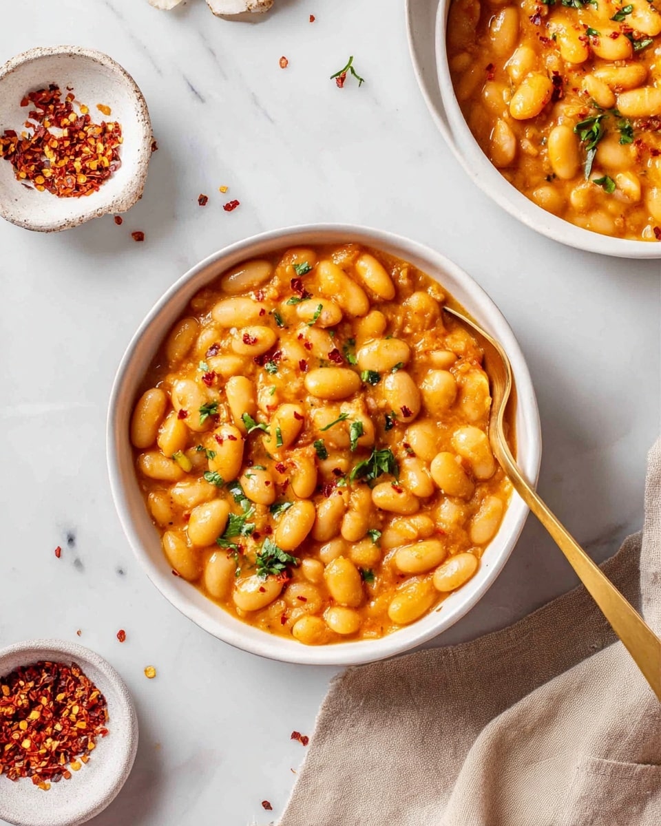 A white bowl filled with a thick stew of pale yellow kidney beans in an orange-tinted sauce, with visible small bits of red spices and chopped green herbs scattered on top; a gold spoon rests inside the bowl on the right side, partly submerged in the stew. To the top left corner, a part of another white bowl with the same stew is visible. At the bottom left, a small white bowl filled with red chili flakes sits on a white marbled surface alongside a few loose flakes. A beige cloth napkin is placed on the right side of the main bowl. Photo taken with an iphone --ar 4:5 --v 7