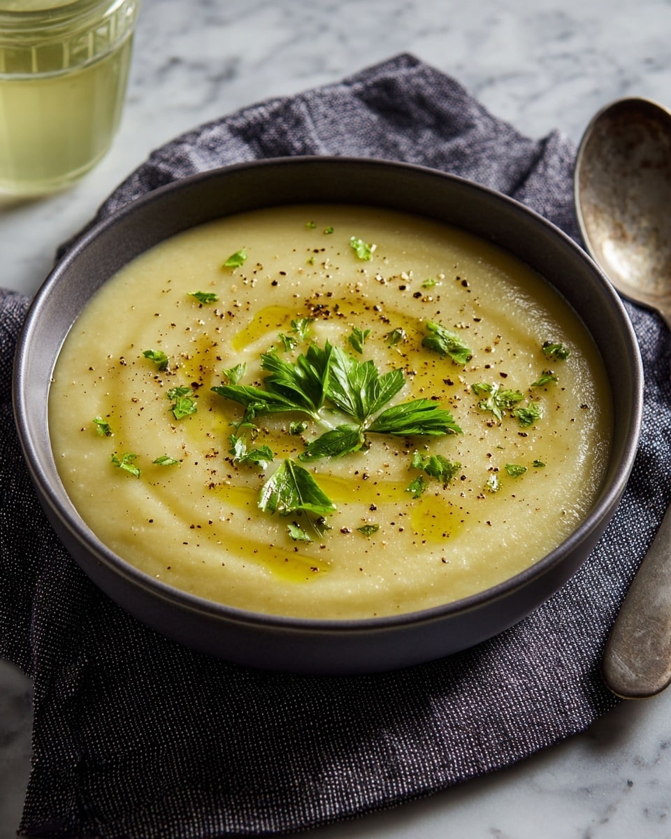 A dark gray bowl filled with one thick layer of smooth, creamy pale yellow soup is topped with small, bright green celery leaves in the center. Drops of golden olive oil are scattered across the surface, with a sprinkle of black pepper adding texture. The bowl sits on a dark textured cloth over a white marbled surface, with a metal spoon resting to the right and a glass of light yellow drink behind it. photo taken with an iphone --ar 4:5 --v 7
