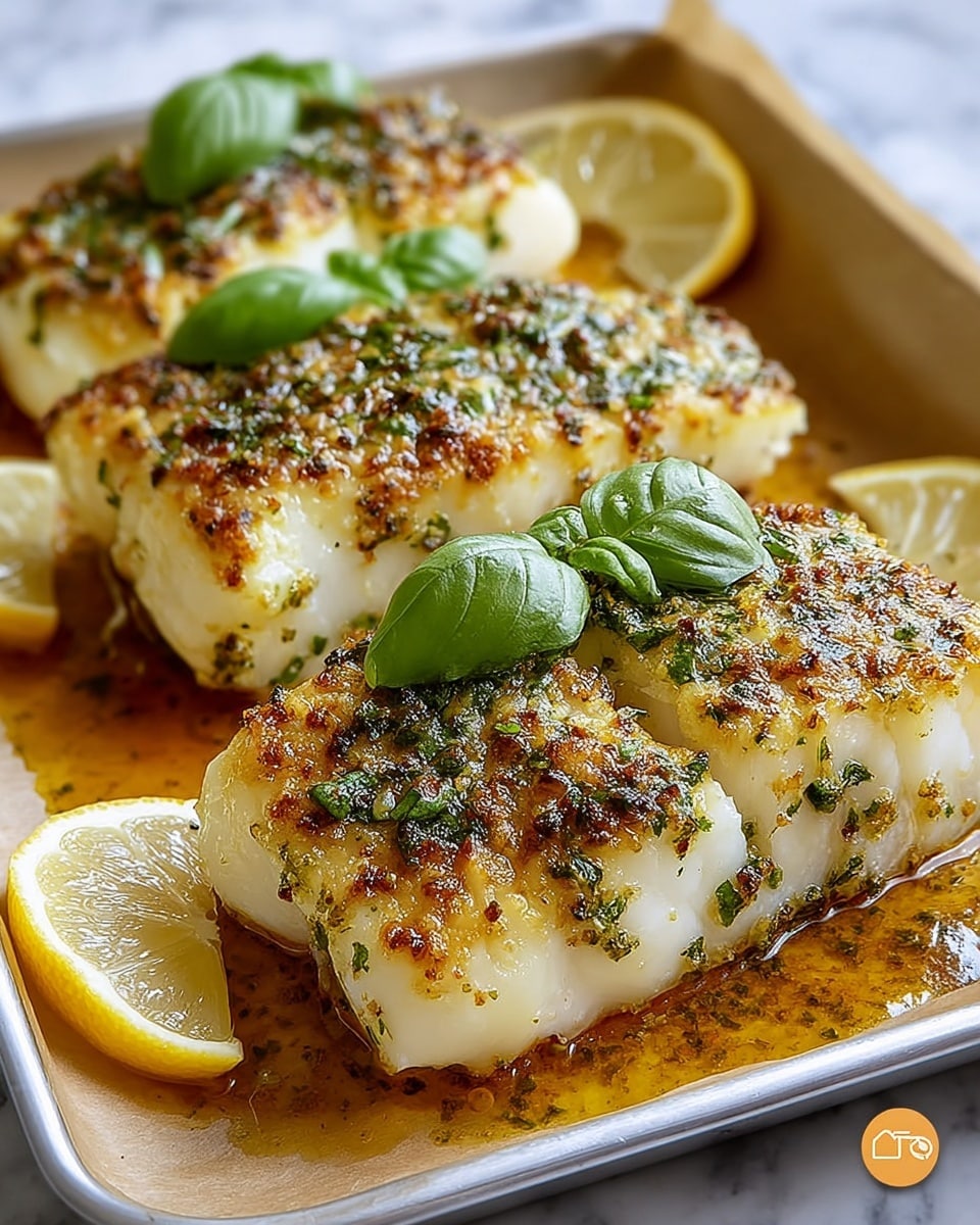 Three thick pieces of white fish with a golden-brown, slightly crispy top layer sprinkled with green herbs sit on a silver tray lined with parchment paper. Each piece is topped with a small fresh green basil leaf. The fish sits in a shallow pool of golden-brown sauce that glistens around the base. Around the edges of the tray are several yellow lemon wedges. The tray is placed on a white marbled texture surface. photo taken with an iphone --ar 4:5 --v 7