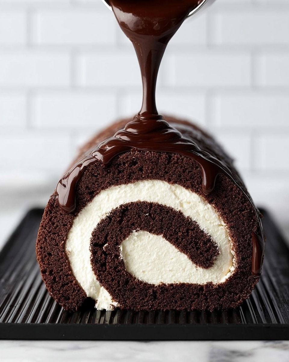 A close-up view of a chocolate roll cake with distinct layers, showing one dark brown sponge cake rolled in a swirl pattern with a creamy white filling in between. On the top, thick dark chocolate sauce is being poured, dripping down the sides, covering the top and edges of the roll. The cake sits on a black ridged surface with a white tiled wall in the background replaced by white marbled texture. The textures contrast between the soft cake, smooth creamy filling, and glossy chocolate sauce creating a rich and indulgent look. photo taken with an iphone --ar 4:5 --v 7