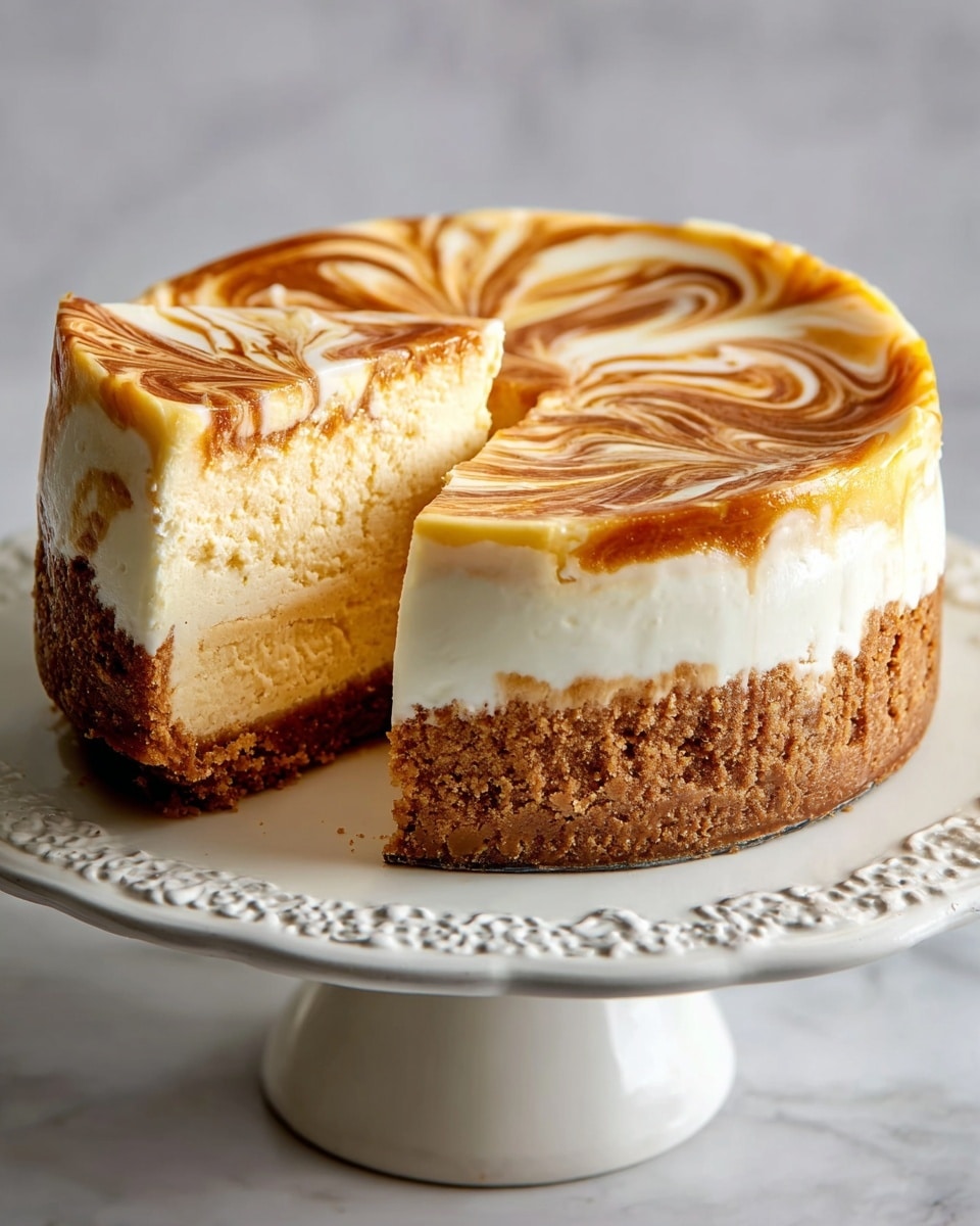 A three-layered cheesecake sits on a white ornate cake stand against a white marbled texture background. The bottom layer is a thick, crumbly brown crust. Above it is a thick creamy pale yellow cheesecake layer. The top layer has a smooth white cream base with swirling caramel-brown patterns creating a marbled look, covering the entire top surface. A slice has been cut out, revealing the layers clearly. The overall texture looks smooth and rich. Photo taken with an iphone --ar 4:5 --v 7