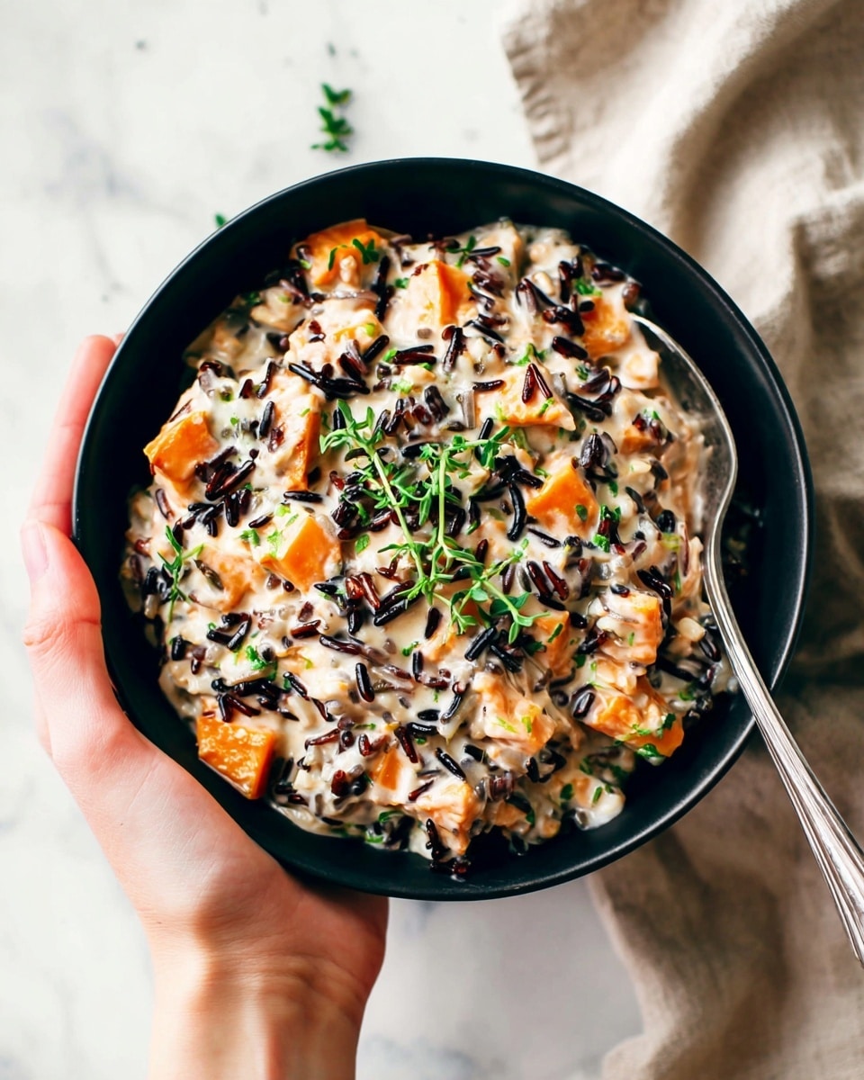 A black bowl held by a woman's hand is filled with a creamy dish made of several mixed ingredients. The base layer is a white creamy sauce with small chunks of orange sweet potatoes and green herbs spread evenly throughout. Scattered on top are black wild rice grains adding a rough texture and some dark contrast against the creaminess. The dish is garnished with fresh green herb sprigs placed on the top center of the bowl. A silver spoon is tucked into the right side of the bowl. The background is a white marbled texture with a beige cloth visible at the top right corner. Photo taken with an iphone --ar 4:5 --v 7