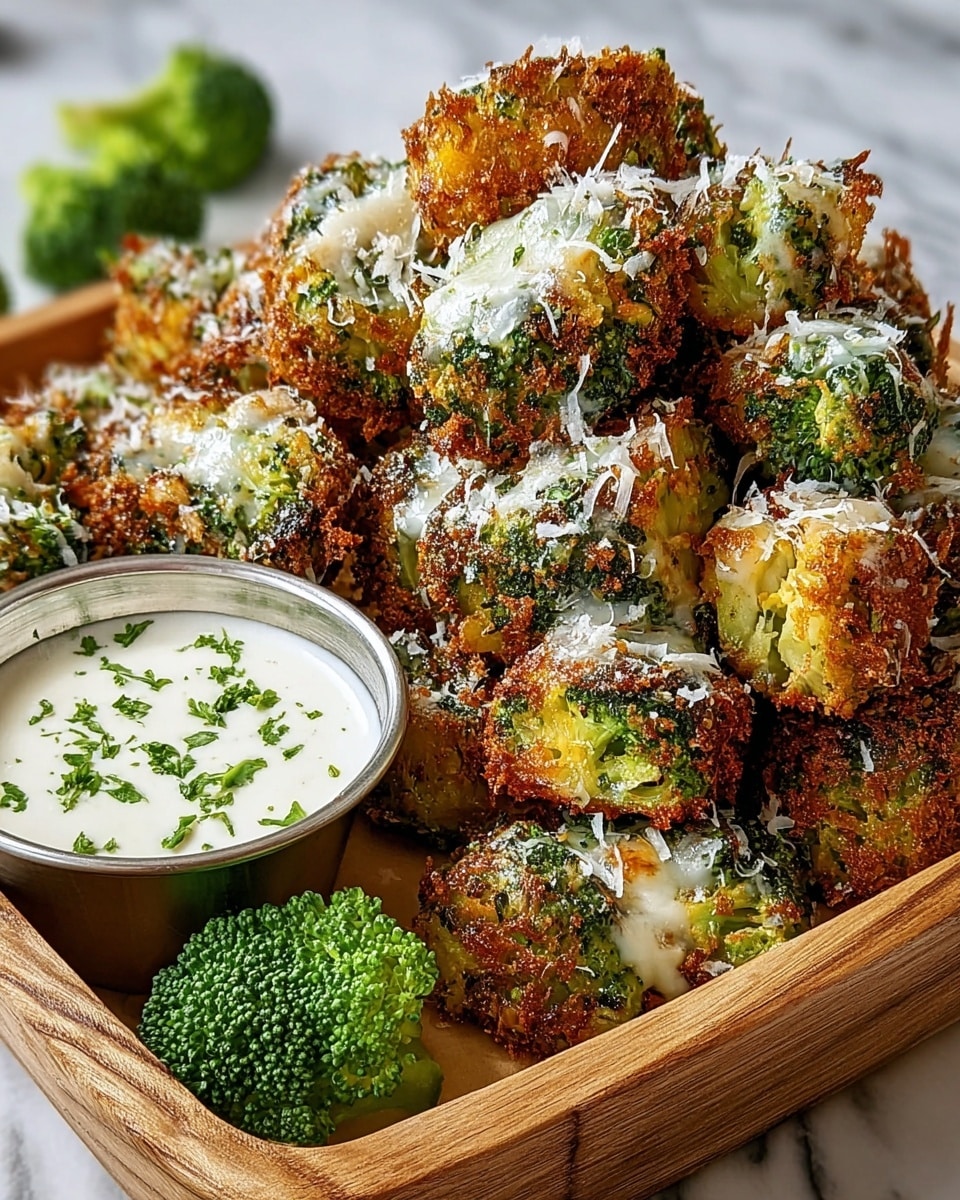 The image shows a wooden tray holding a pile of golden-brown, crispy broccoli pieces. Each broccoli piece is coated in a crunchy layer with green florets peeking through. The broccoli is topped with melted white cheese and sprinkled with finely grated white cheese. In the background of the tray is a small silver cup filled with creamy white sauce, garnished with small green herb pieces. Some fresh green broccoli florets are placed next to the sauce cup. The tray sits on a white marbled surface. photo taken with an iphone --ar 4:5 --v 7
