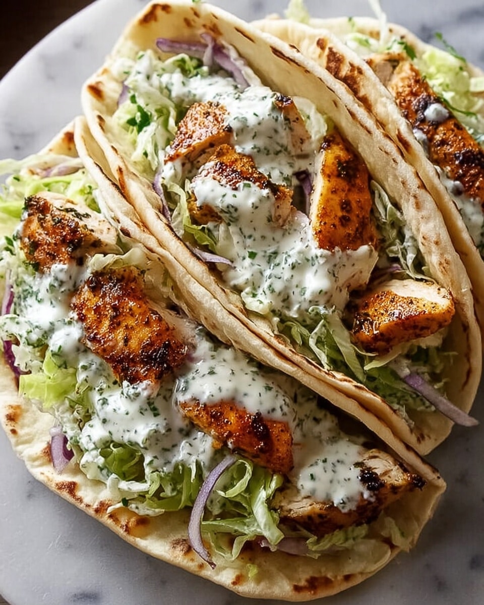 Three soft, slightly charred flatbreads folded into tacos rest on a white marbled surface. Inside each, there is a bottom layer of shredded green lettuce mixed with thin slices of purple onion, covered in a creamy white sauce speckled with green herbs. On top of the lettuce, there are several pieces of grilled chicken with a golden-brown crust, showing a juicy texture inside. The tacos are arranged side by side, showcasing the colorful layers inside. photo taken with an iphone --ar 4:5 --v 7