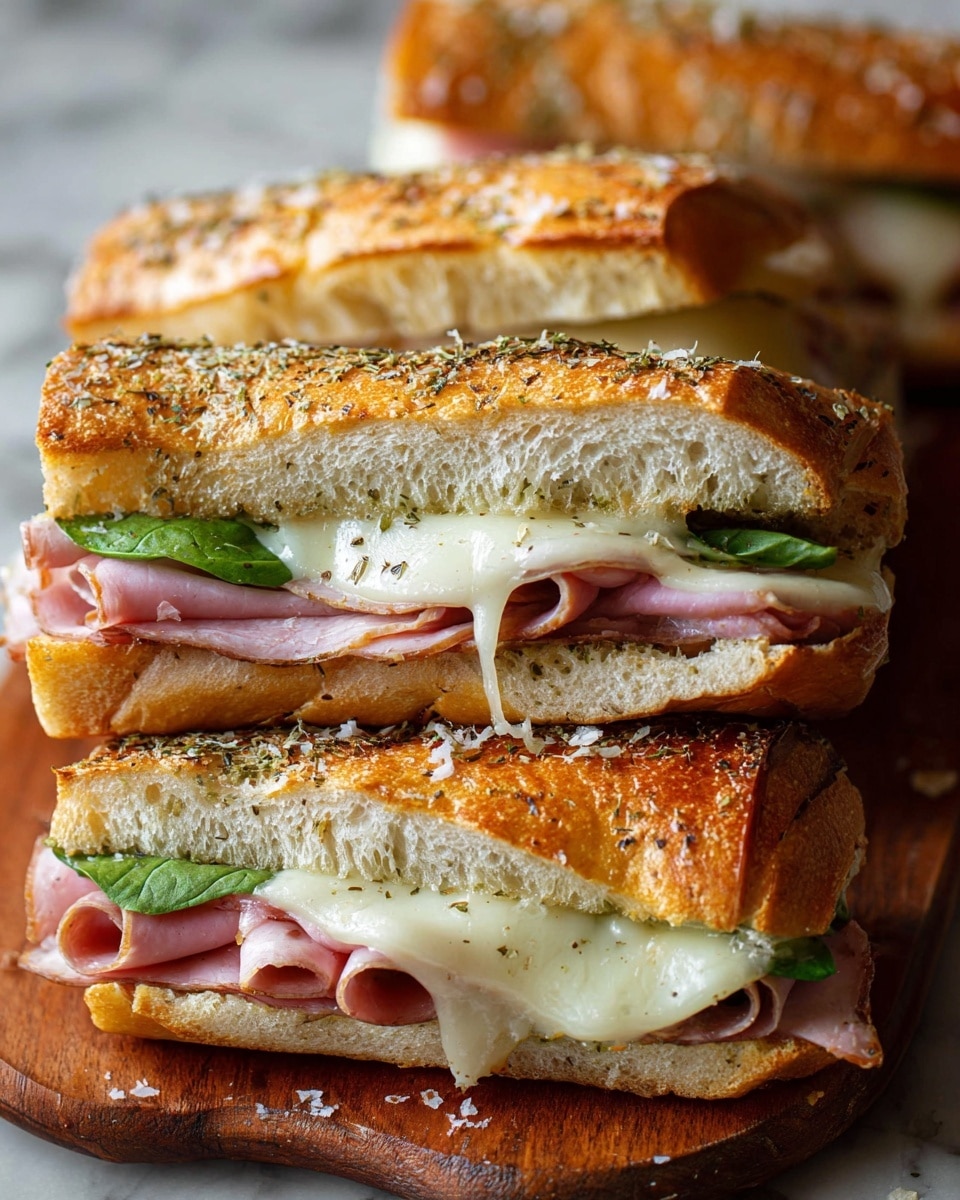 Three toasted hoagie sandwiches are shown stacked diagonally on a wooden board over a white marbled surface. Each sandwich has a golden brown crusty top layer sprinkled with dried herbs and grated cheese. Beneath the top layer, the second layer is melted white cheese that’s soft and slightly dripping. The third layer consists of folded slices of pink ham, with some fresh green spinach leaves peeking out from the first sandwich at the bottom. The sandwiches are cut but still hold their shape, showing a textured soft white bread interior. Photo taken with an iphone --ar 4:5 --v 7