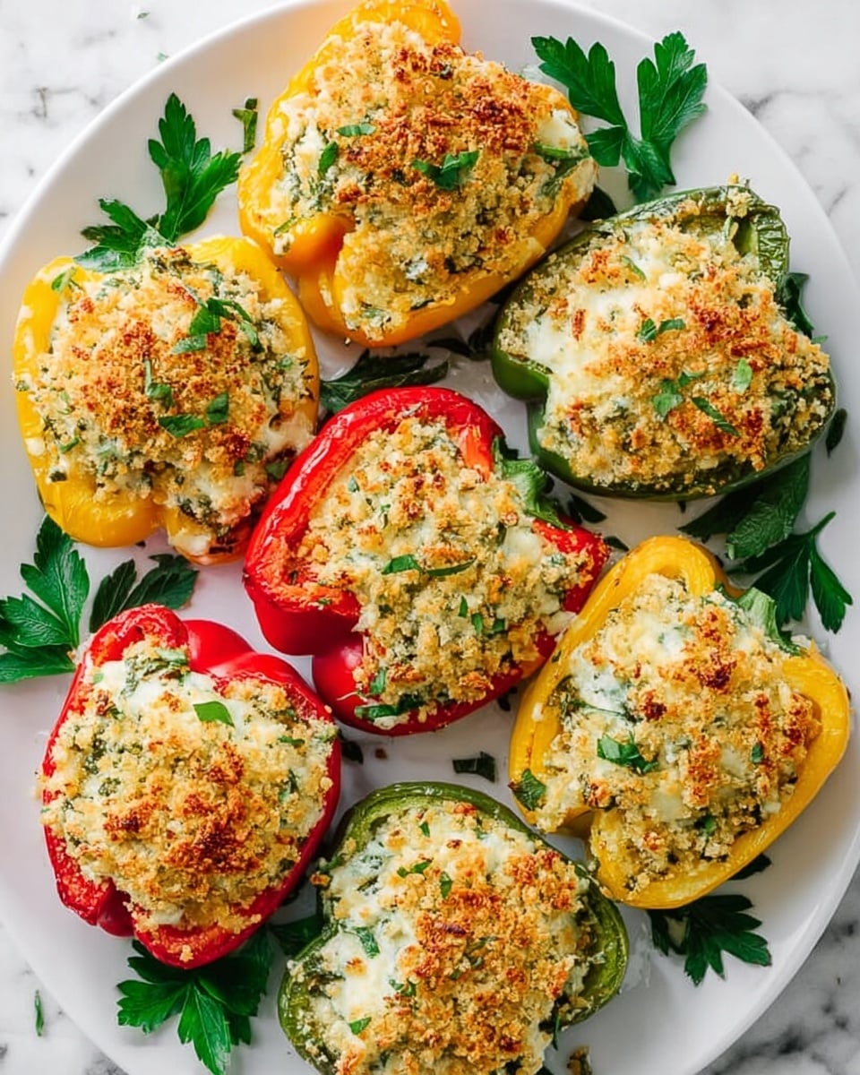 The image shows seven stuffed bell pepper halves placed on a white plate. The peppers are yellow, red, and green, each cut in half lengthwise with the inside filled with a creamy mixture topped with a golden-brown, crispy breadcrumb crust. The filling appears textured with flecks of green herbs visible through the crust. Around the peppers, fresh green parsley leaves are scattered, adding a touch of color contrast. The plate sits on a white marbled surface, giving a bright clean background to the colorful dish. photo taken with an iphone --ar 4:5 --v 7