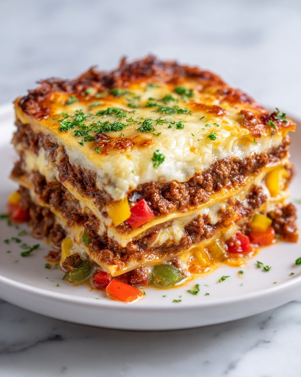 A thick, square slice of layered lasagna sits on a white plate, placed on a white marbled surface. The top layer is golden-brown melted cheese with some green herb pieces sprinkled over it. Below this, the dish shows a texture of cooked ground beef mixed with small cubes of red, yellow, and green bell peppers, and melted cheese in between the layers. The layers alternate with dense meat and stretchy, creamy cheese, giving a rich, hearty look with visible colors of brown, white, red, yellow, and green. Photo taken with an iphone --ar 4:5 --v 7