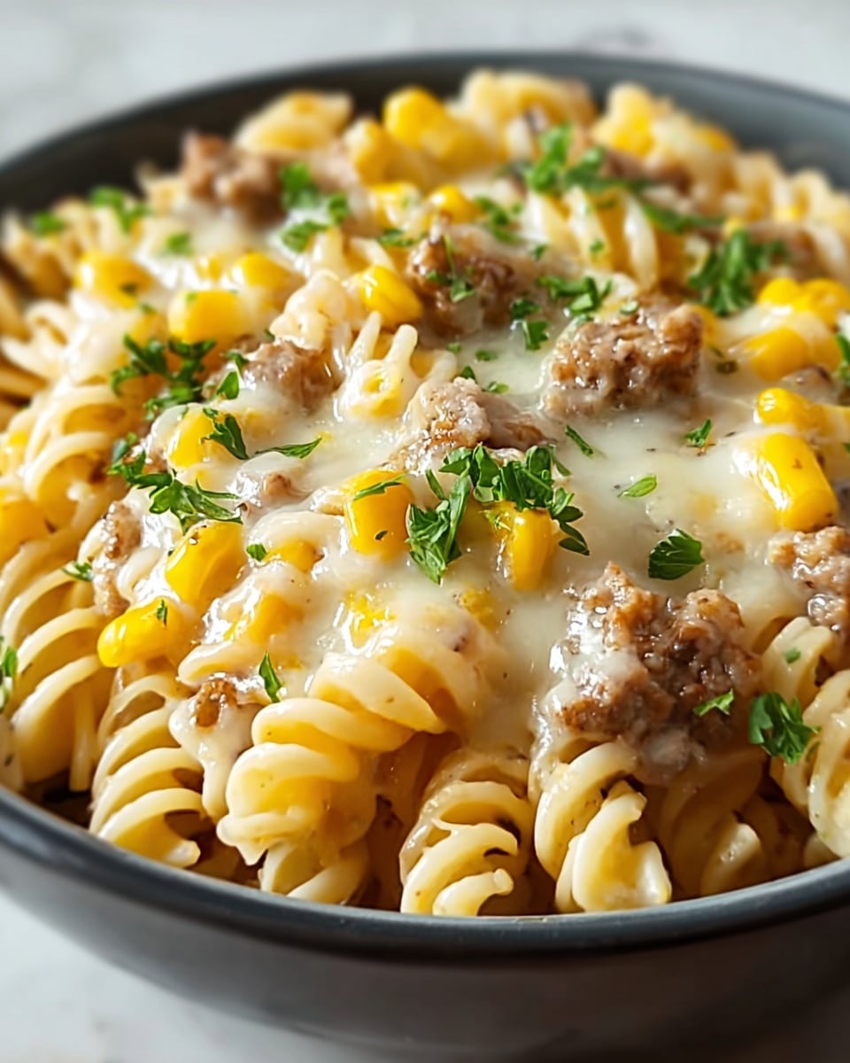 A close-up view of a white bowl filled with a creamy pasta dish, showing three visible layers: at the bottom, spiral pasta in a light yellow color, in the middle, evenly spread browned sausage pieces and bright yellow corn kernels, and on top, melted white cheese covering the ingredients with small sprigs of green parsley scattered over. The texture looks glossy and soft. The background is a white marbled texture. Photo taken with an iphone --ar 4:5 --v 7