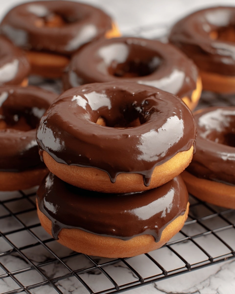 A close-up image shows six chocolate-glazed donuts stacked on a black cooling rack with a white marbled surface underneath. Each donut has a golden-brown base layer with a smooth, thick layer of shiny, dark chocolate glaze covering the top half, dripping slightly over the edges. The donuts are round with a hole in the middle, and their smooth glaze reflects soft light. The focus is on the donut in the center, placed slightly above the others, showcasing its glossy texture and even coat. The background remains simple and blurred, keeping all attention on the rich chocolate donuts. Photo taken with an iphone --ar 4:5 --v 7