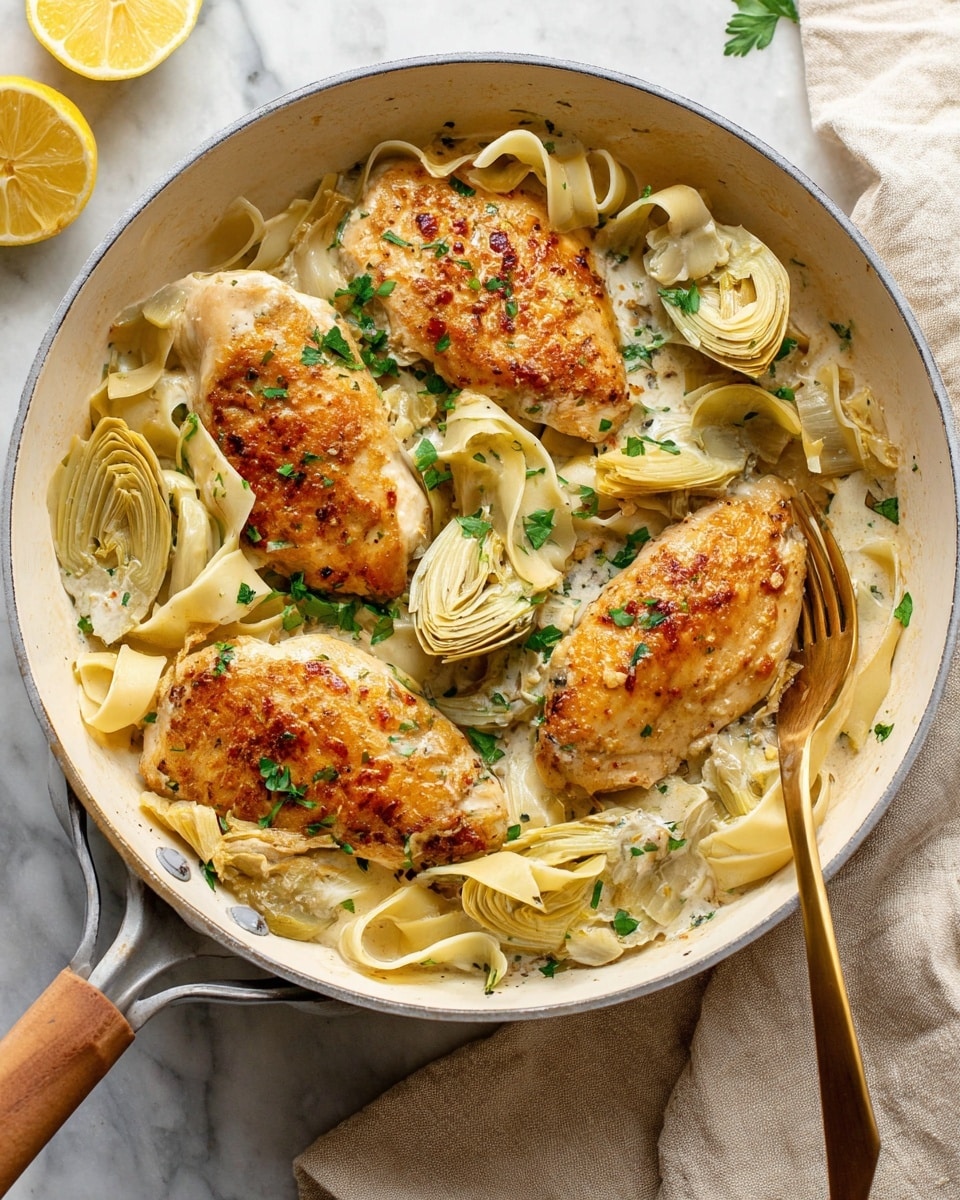 The image shows a white pan filled with three golden-brown chicken breasts on top of a layer of wide, creamy-colored noodles. Around the chicken and noodles are pale yellow artichoke hearts, some whole and some cut. Bright green parsley leaves are scattered across the dish, adding a fresh touch. A gold fork rests inside the pan on the right side. The pan sits on a white marbled surface with a beige cloth and a halved lemon visible in the top left corner. photo taken with an iphone --ar 4:5 --v 7