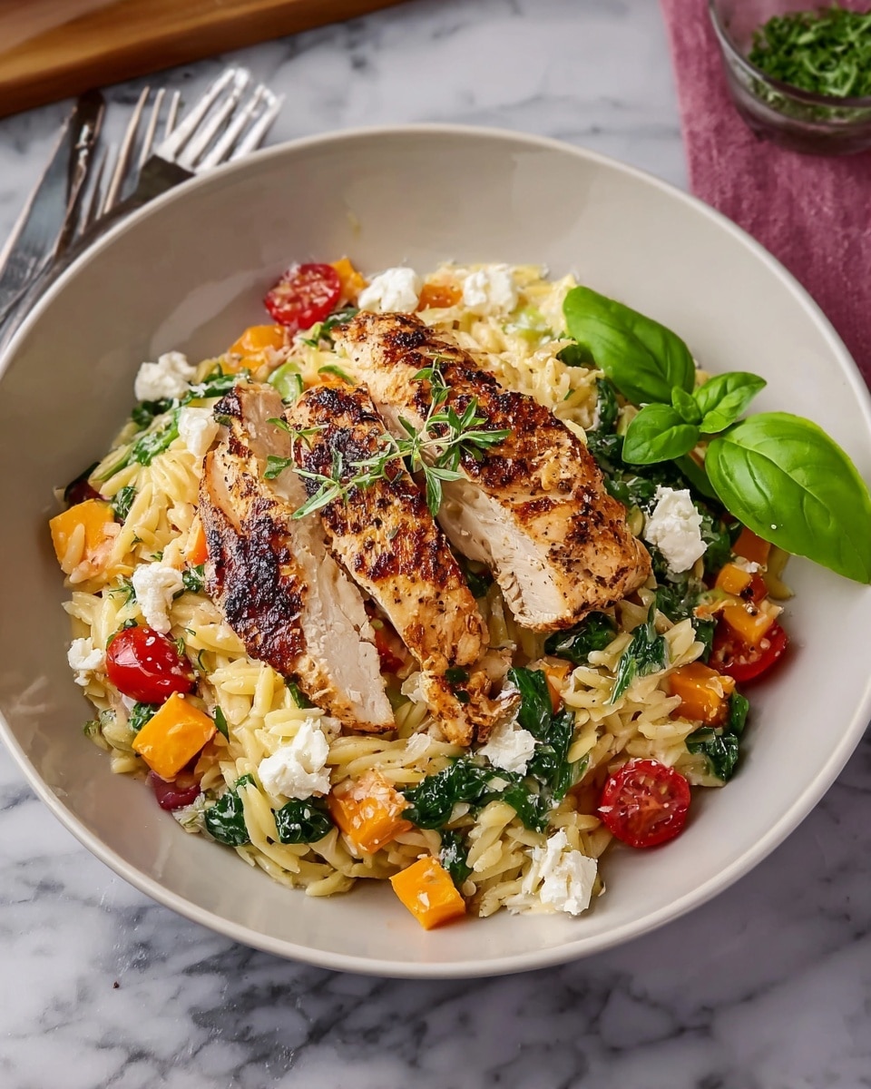 The dish shows a single thick grilled chicken breast on top, light golden with grill marks and sprinkled with fresh green herbs. Below the chicken, there are creamy white pieces of cheese and cooked pasta mixed with chunks of bright orange squash and halved roasted cherry tomatoes with a shiny skin. Green spinach leaves are scattered around under the pasta, adding a fresh look. The dish is served on a white plate with a white marbled surface background, creating a clean and fresh feeling. photo taken with an iphone --ar 4:5 --v 7