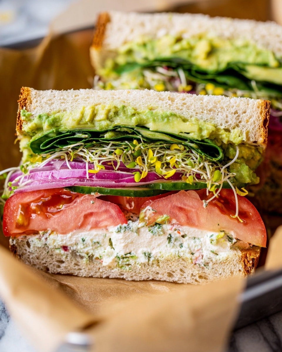 The image shows a close-up of a sandwich cut in half, placed side by side on brown parchment paper inside a metal container. The sandwich has thick, soft white bread with a slightly rough texture and a golden crust. The bottom layer consists of a spread of creamy white cheese with green herbs mixed in, sitting above a thick slice of bright red tomato. On top of the tomato are thin slices of purple onion and some thin cucumber slices with pale green edges. Above the cucumber are small yellow sprouts and a generous layer of fresh, dark green spinach leaves. The top layer is mashed avocado spread evenly across the bread. The background is a white marbled texture. photo taken with an iphone --ar 4:5 --v 7