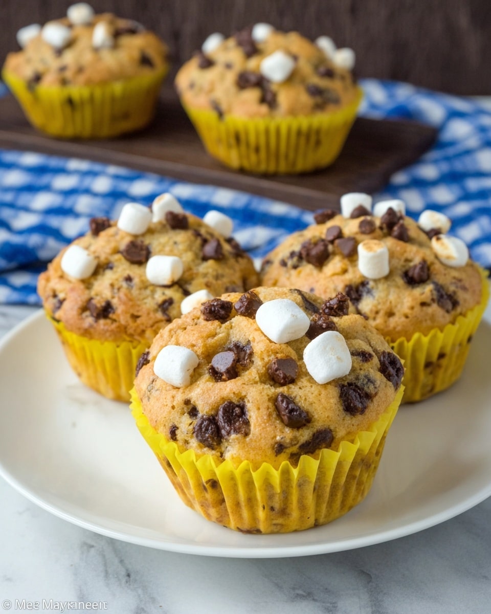 The image shows three muffins on a white plate with bright yellow wrappers. Each muffin is golden brown with a bumpy texture, topped with dark brown chocolate chips and small white toasted marshmallows scattered evenly on the surface. In the background, three more muffins with the same look and yellow wrappers are out of focus, resting on a dark wooden surface partially covered by a blue and white checkered cloth. The setting features a white marbled texture. Photo taken with an iphone --ar 4:5 --v 7