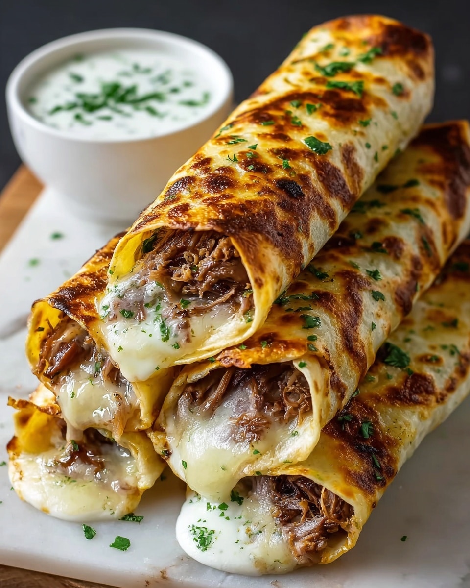 Four rolled tortillas stacked on a white marbled surface, each tortilla golden brown with crisp spots and sprinkled with green herbs. Inside the tortillas are layers of melted white cheese and shredded dark brown meat, visible at the open ends, with cheese oozing out slightly. In the background, there is a small white bowl of white sauce with green herb bits on top. photo taken with an iphone --ar 4:5 --v 7
