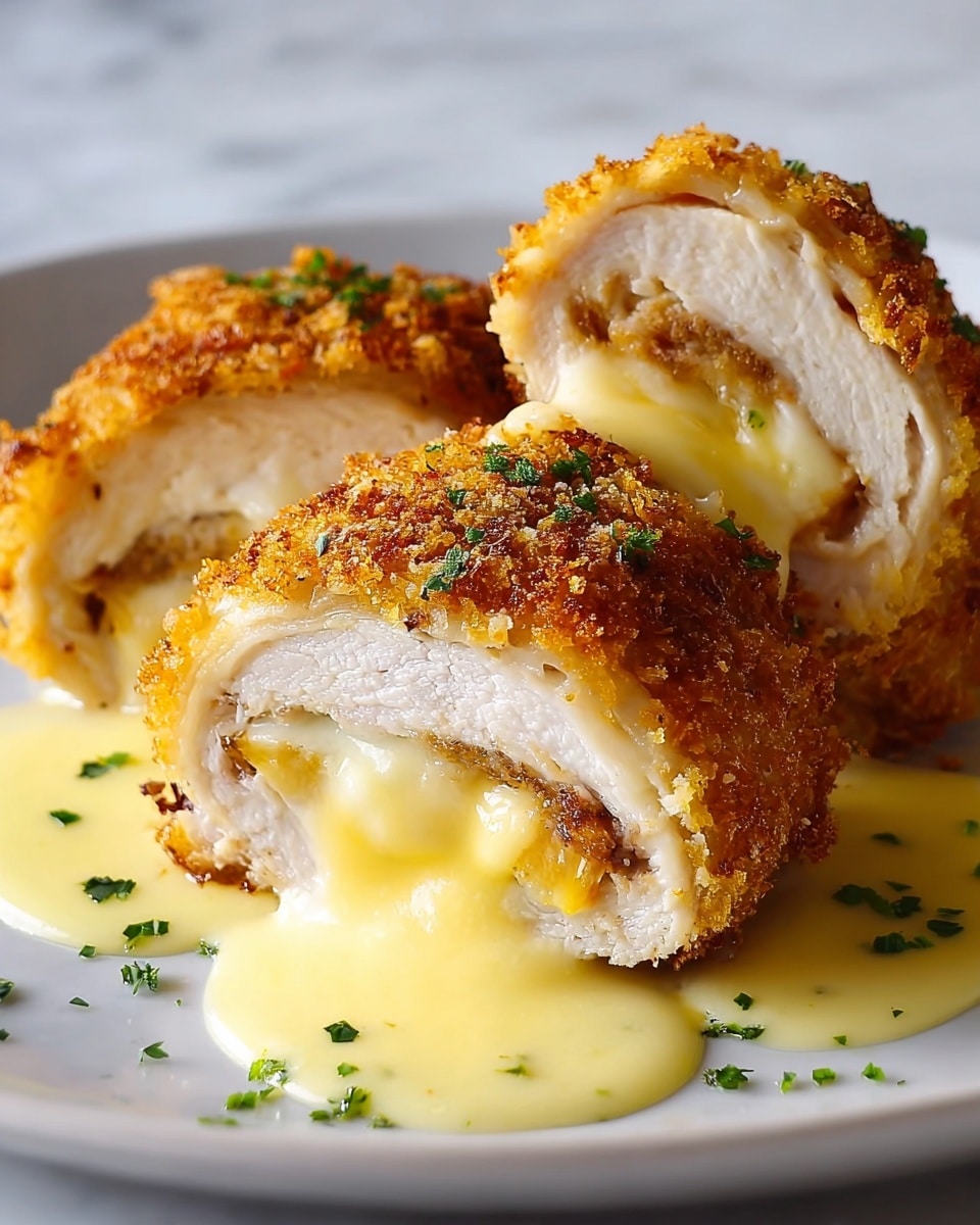Two pieces of golden brown, crispy breaded chicken rolls are placed on a white plate with a white marbled texture beneath. Each roll has three visible layers: the outer crunchy, textured breaded coating in a deep golden brown color; the middle layer of tender white chicken meat; and the inside filled with melted yellow cheese, slightly oozing out. A creamy, light yellow sauce pools underneath the rolls and drizzles over parts of the chicken. Small green herb pieces are sprinkled on top and around the dish for color contrast. photo taken with an iphone --ar 4:5 --v 7