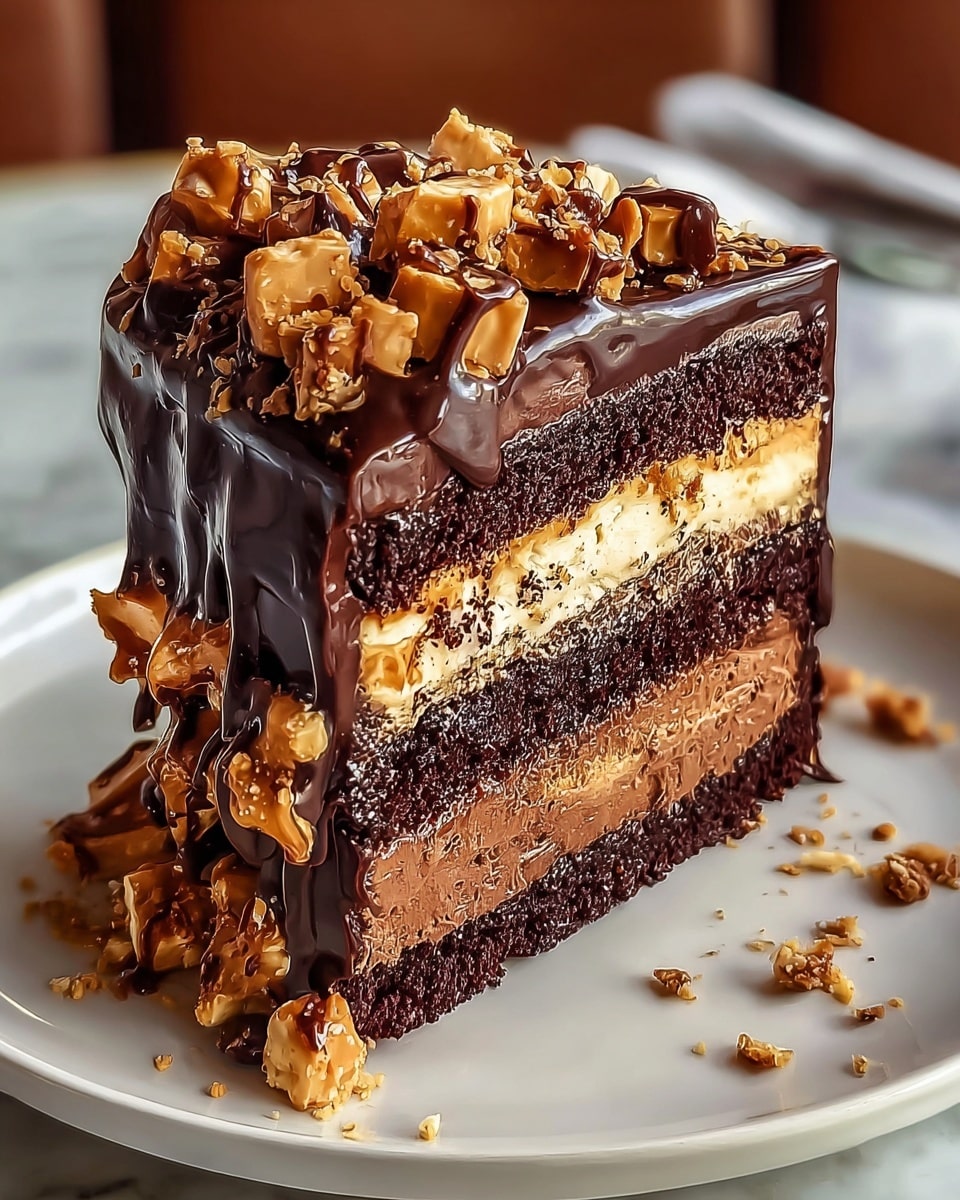 A thick slice of layered chocolate cake sits on a white plate with a white marbled texture underneath. The cake has five visible layers: starting from the bottom, a dark chocolate base, then a light brown creamy layer, followed by a thick dark chocolate sponge layer, another light brown creamy layer, and topped with a rich dark chocolate sponge. The entire slice is covered with a shiny, smooth chocolate glaze that drips down the sides. On top, there are chopped caramel or toffee pieces scattered, adding a textured contrast. The warm lighting highlights the glossy chocolate and the soft creamy texture inside. photo taken with an iphone --ar 4:5 --v 7
