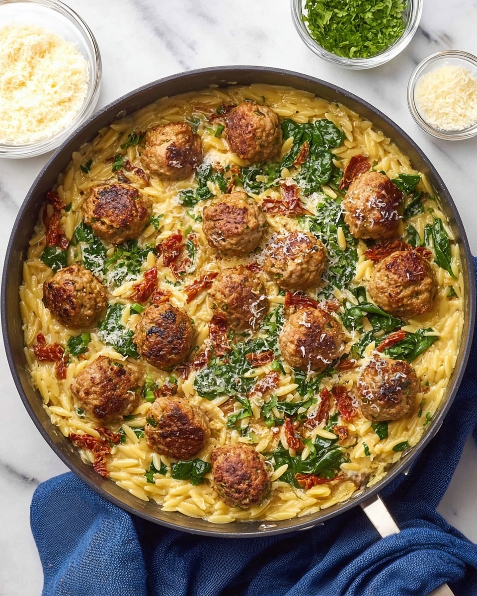 A pan filled with a dish showing about three layers: the bottom layer is creamy yellow orzo pasta with a soft texture, the middle layer has browned turkey meatballs that are round and evenly cooked with a golden crust, and the top layer includes fresh green spinach leaves and small pieces of red sun-dried tomatoes sprinkled with grated white parmesan cheese and some chopped green herbs. The pan is sitting on a white marbled surface with small glass bowls of grated cheese and herbs nearby, and a blue cloth under part of the pan. Photo taken with an iphone --ar 4:5 --v 7