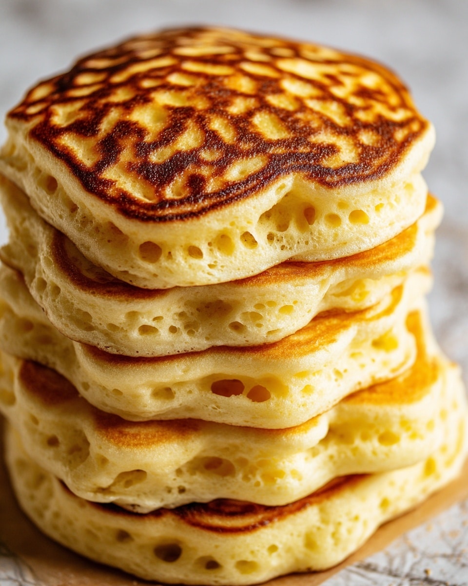 A tall stack of thick, fluffy pancakes with a golden-brown top layer showing uneven, darker brown spots and a porous texture. Each pancake layer is fluffy and light yellow with many small holes visible, showing a soft inside. The stack has about five pancakes layered neatly, with smooth edges and a slightly uneven surface hinting at a homemade feel. The background is a white marbled texture. photo taken with an iphone --ar 4:5 --v 7