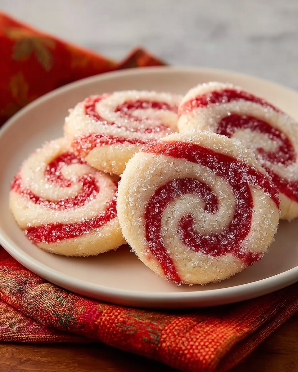 A white round plate holds four peppermint swirl cookies stacked closely together, each with a thick base layer of pale cream dough twisted with vibrant red stripes forming a spiral pattern. The top of each cookie is coated with a layer of coarse, sparkling white sugar crystals that add texture and shine. The plate sits on a folded red and orange cloth napkin, with a blurred white marbled texture background. photo taken with an iphone --ar 4:5 --v 7