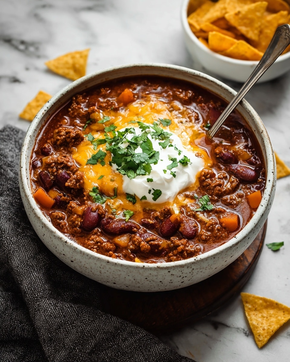 A white bowl filled with three layers of chili stew, starting with a rich, dark red-brown base with visible kidney beans and chunks of meat, topped with melted shredded yellow cheddar cheese, followed by a dollop of white sour cream in the center, and sprinkled with finely chopped green cilantro on top; a silver spoon rests inside the bowl, with a few yellow tortilla chips scattered around and a gray cloth napkin beside it on a white marbled surface. photo taken with an iphone --ar 4:5 --v 7