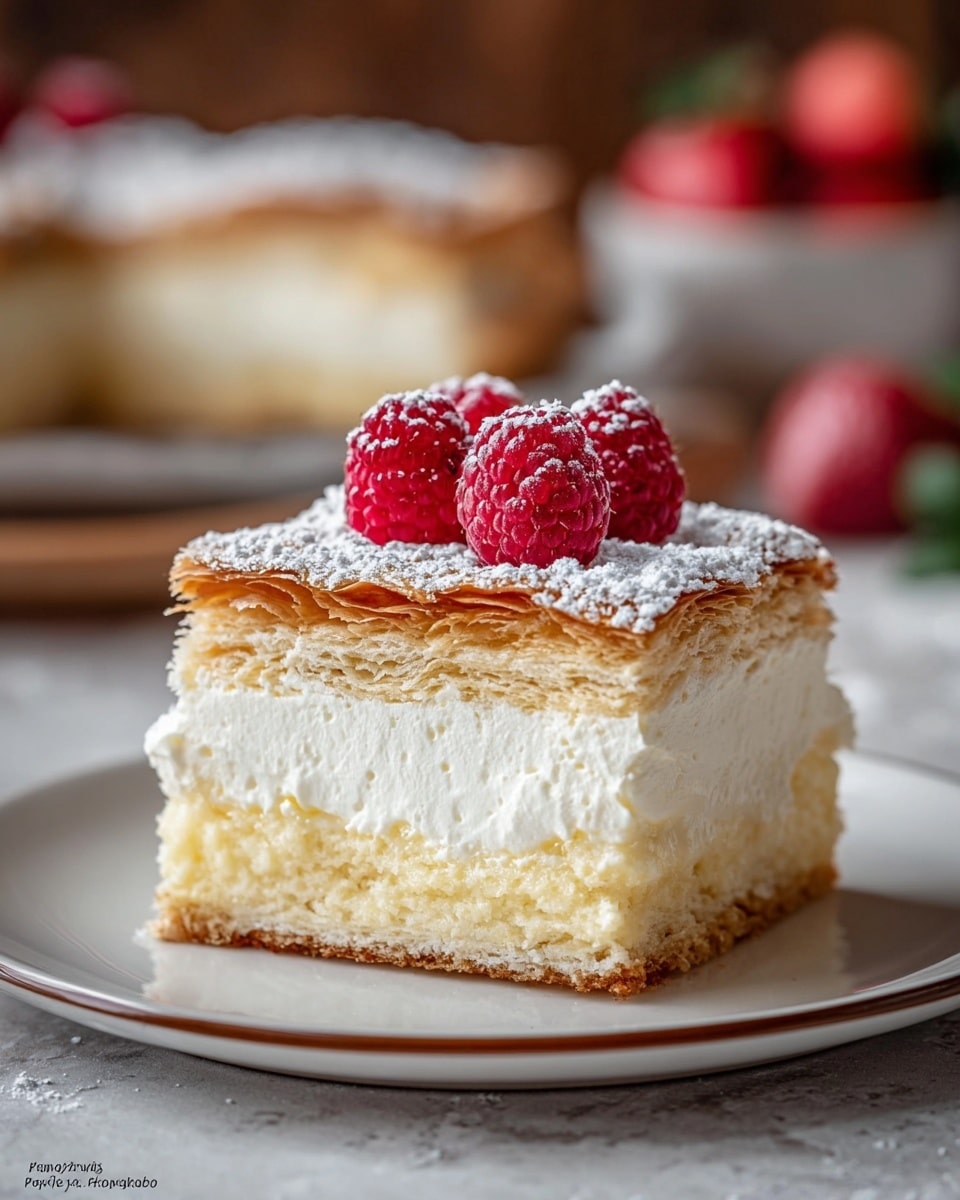 A square slice of layered cream cake sits on a white plate with a thin brown edge. The cake has three distinct layers: the bottom is a light golden brown cake layer, the middle is thick and fluffy white cream, and the top is a crisp, golden flaky pastry dusted with fine white powdered sugar. On top, three fresh red raspberries are placed in a row. The setting is a white marbled texture surface, with a blurred background showing more cake and some red fruits. photo taken with an iphone --ar 4:5 --v 7