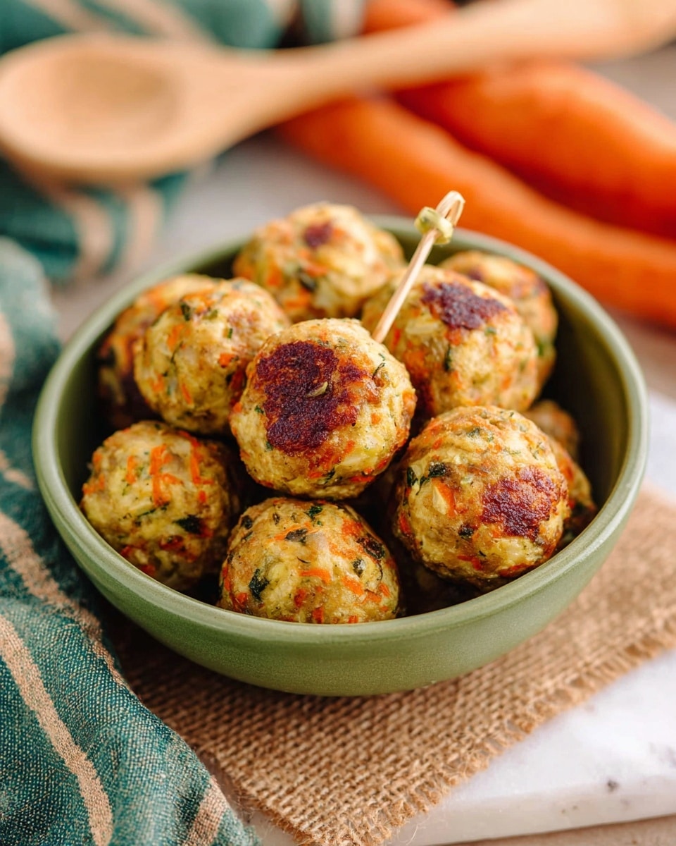 A green bowl filled with about ten round, golden-brown meatballs that have green and orange bits in them, some showing slight charring spots on the surface; a few meatballs are pierced with thin wooden toothpicks. The bowl sits on a square piece of brown burlap fabric, placed on a white marbled surface. In the blurry background, two orange carrots lie side by side, and a wooden spoon rests on a green and white striped cloth. Photo taken with an iphone --ar 4:5 --v 7