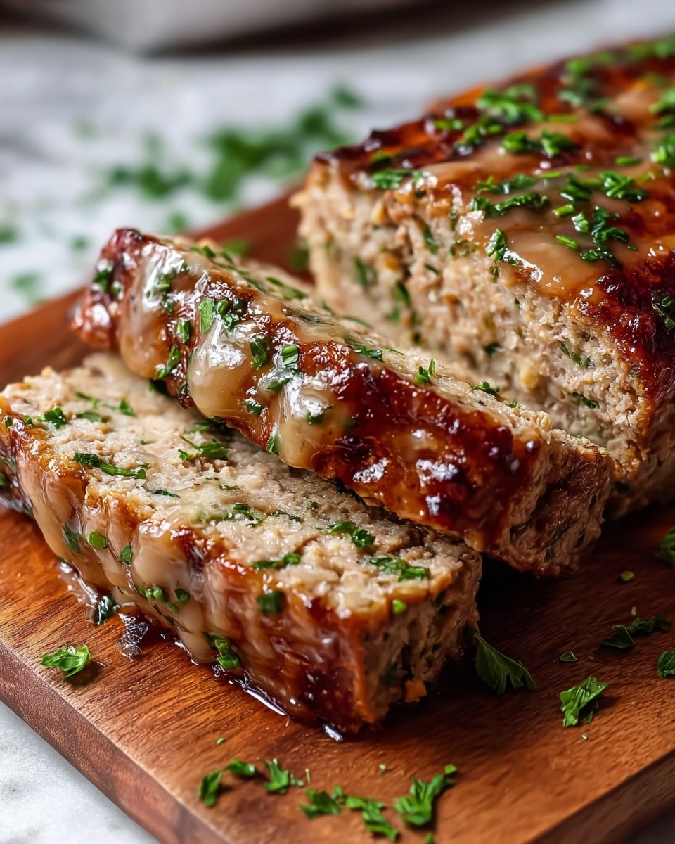 This image shows a close-up of two thick rectangular slices of meatloaf with a golden-brown crust and a moist, textured inside mixed with green herbs. The meatloaf is topped with a shiny glaze and small green herb pieces scattered on top and around. The slices rest on a wooden board with more chopped herbs spread around. The surface under the board is a white marbled texture. photo taken with an iphone --ar 4:5 --v 7