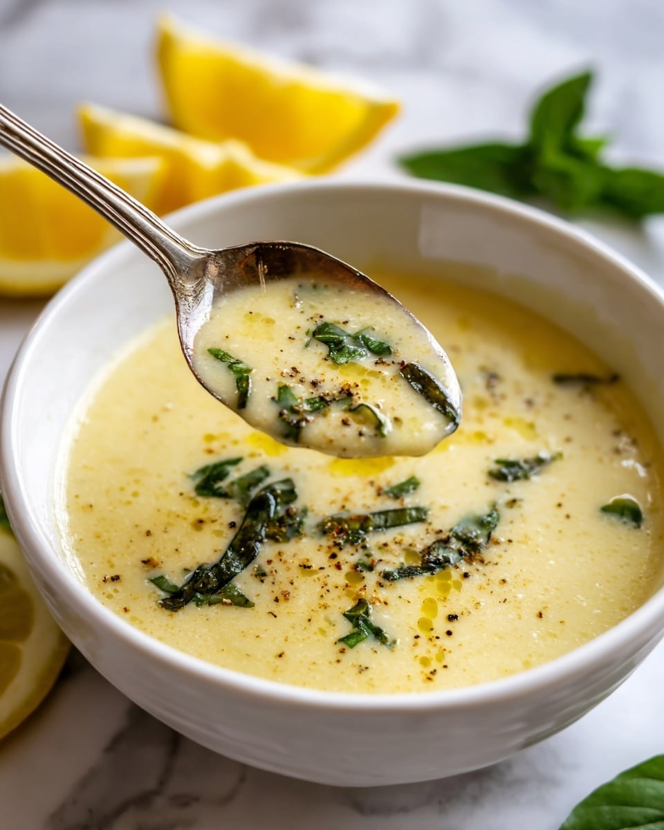 A close-up view of a creamy pale yellow soup in a white bowl with a smooth texture, sprinkled with small green herb pieces and a few dark specks of pepper on top. A spoon lifts a thick scoop of the soup, showing its rich and soft consistency with herbs mixed in. The bowl sits on a white marbled surface, and there are bright yellow lemon wedges and green leafy herbs around it, adding fresh color accents. photo taken with an iphone --ar 4:5 --v 7