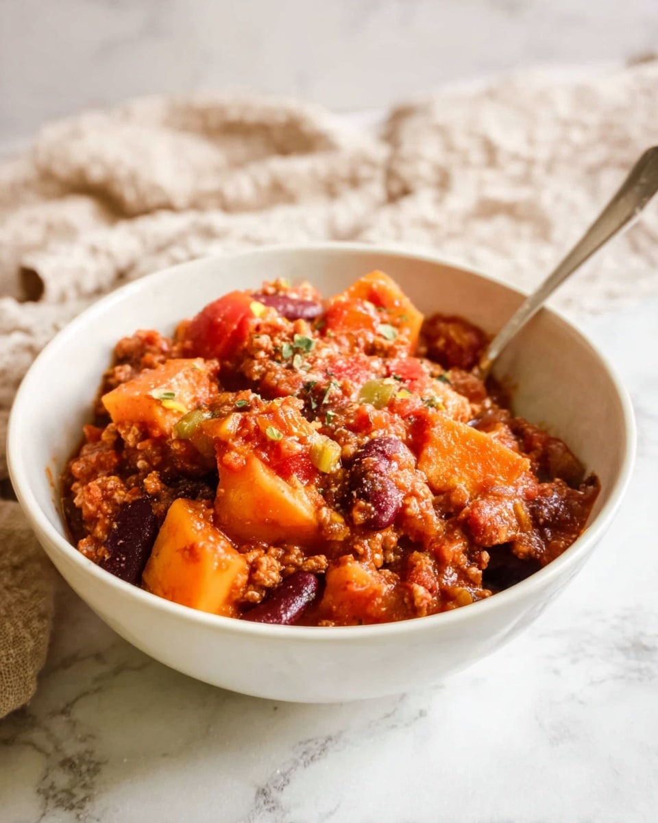 A white bowl filled with a chunky stew layered with various ingredients: bright orange chunks of sweet potato and carrots, dark red kidney beans, ground meat, and small pieces of green herbs sprinkled on top. The stew has a thick reddish sauce coating all the ingredients. A silver spoon is placed inside the bowl on the right side. The bowl sits on a white marbled surface with a soft, beige textured cloth in the blurry background. photo taken with an iphone --ar 4:5 --v 7