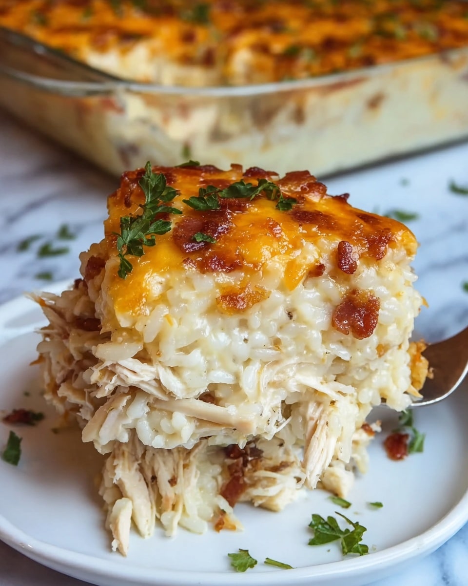 A close-up of a slice of creamy baked rice casserole on a white plate, showing three visible layers: the bottom layer has tender, shredded white chicken mixed with creamy rice, the middle layer is made of smooth, melted cheese blending with rice and small bits of browned bacon, and the top layer is golden-brown melted cheese with a few toasted spots, garnished with chopped fresh green herbs. The casserole piece is held by a fork, with a glass baking dish filled with more of the casserole blurred in the background, all placed on a white marbled texture. photo taken with an iphone --ar 4:5 --v 7