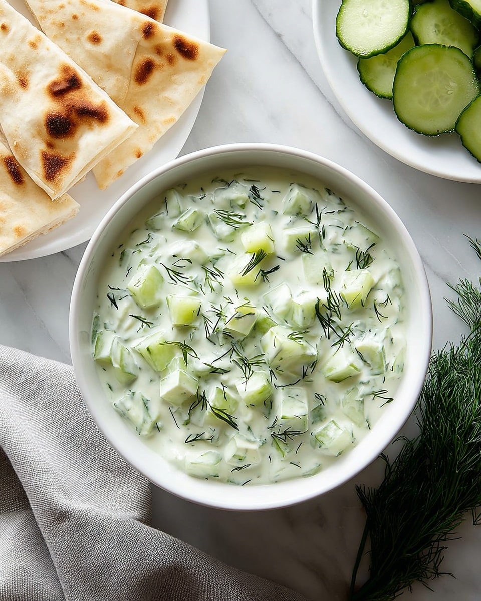 A white bowl filled with a creamy, pale green sour cream mixture containing small, light green cucumber cubes and dark green dill sprigs evenly mixed throughout and scattered on top. To the left, triangular pieces of white flatbread with golden brown toasted spots are partly visible. On the right, thin, circular cucumber slices with dark green skins sit on a white plate, partially shown. A small bunch of fresh dill with thin, delicate green leaves lies on the white marbled surface near the bottom right. A light grey cloth with soft folds rests beneath the bowl on the white marbled texture. photo taken with an iphone --ar 4:5 --v 7