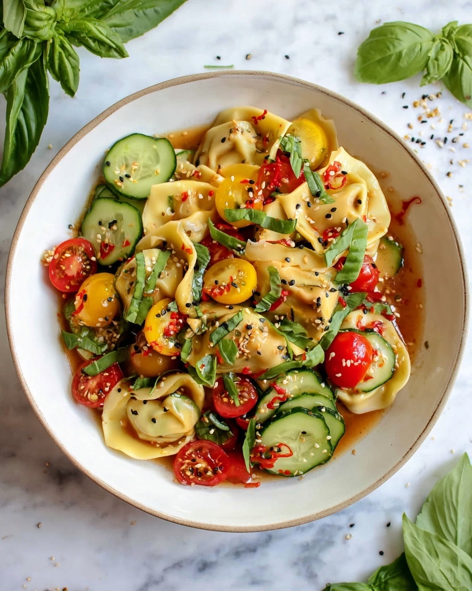The image shows a white bowl filled with a colorful tortellini salad. The dish has three main layers: at the bottom is a light brown sauce; on top of that, there are sliced cucumbers that are light green with a smooth texture; the top layer includes folded tortellini pasta in pale yellow, mixed with halved red and yellow cherry tomatoes, and fresh green basil leaves. There are small pieces of red chili, thin green herbs, and black sesame seeds sprinkled all over. The bowl sits on a white marbled surface with some basil leaves and scattered black seeds around it. Photo taken with an iphone --ar 4:5 --v 7