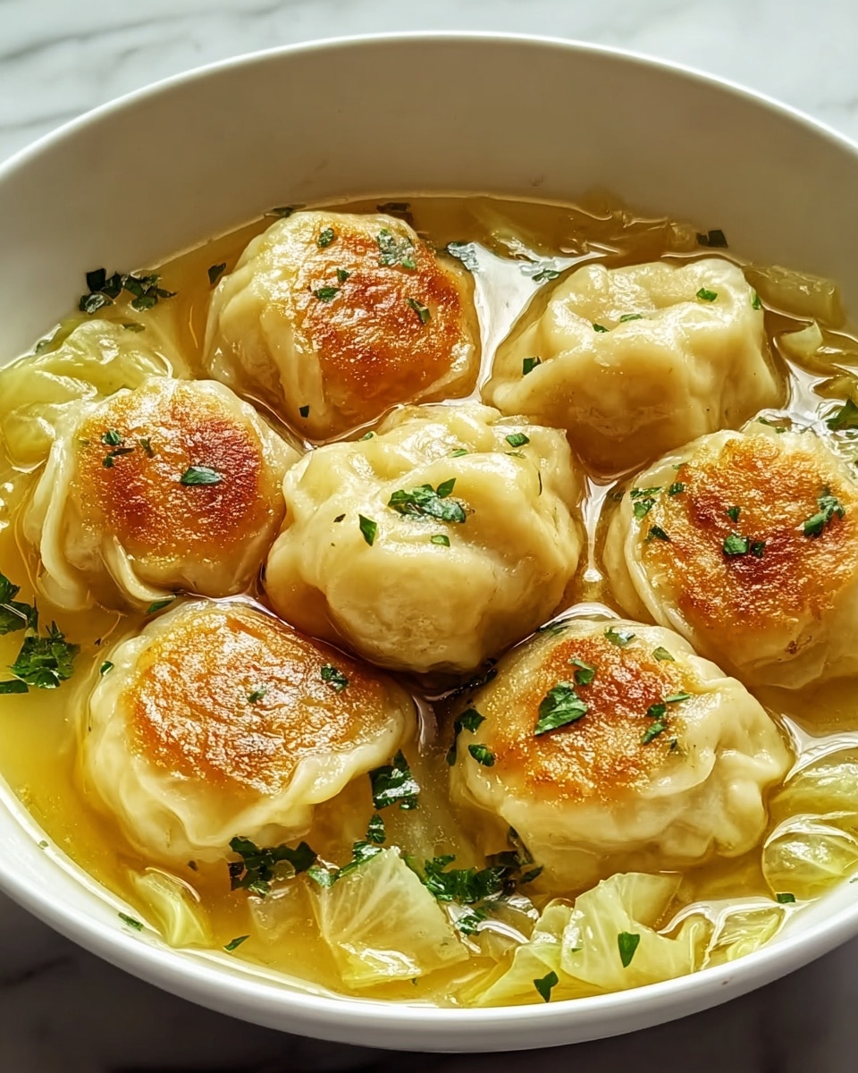 A white bowl filled with six golden brown dumplings that have a slightly crispy texture on top, resting in a light yellow broth with visible pieces of tender cabbage leaves scattered throughout. The dumplings look soft and round with a shiny surface, garnished with small bits of green herbs sprinkled on top. The broth is clear and gently surrounds the dumplings, creating a comforting and warm presentation. The whole scene is placed on a white marbled surface. photo taken with an iphone --ar 4:5 --v 7