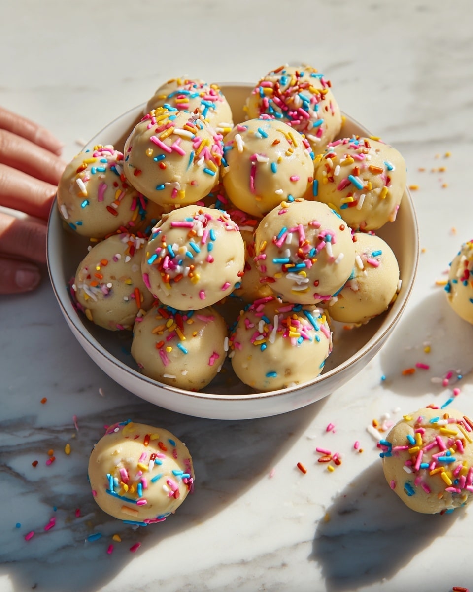 A white bowl full of round beige cake balls covered in a smooth frosting, each sprinkled with colorful rainbow sprinkles in pink, blue, yellow, orange, and white, sits on a white marbled surface. Some of the cake balls have rolled out of the bowl and are scattered around it, with light shadows cast by the sunlight. The texture of the frosting is slightly glossy with a few small bumps, and the sprinkles add a crunchy look. A woman's hand is partially visible at the top of the image, with fingers resting gently on the marble surface. photo taken with an iphone --ar 4:5 --v 7