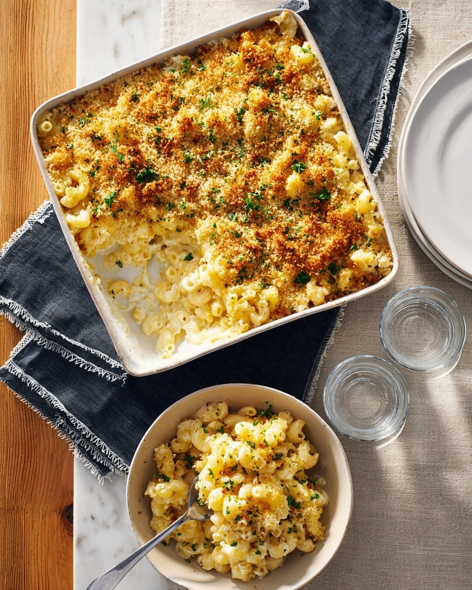 A white rectangular baking dish filled with creamy baked macaroni and cheese topped with a golden crispy breadcrumb layer mixed with green parsley bits. The macaroni beneath is pale yellow and cheesy, visible where a portion has been scooped out. Below the baking dish is a white bowl containing a served portion of the macaroni and cheese, with the breadcrumb topping and creamy pasta visible, a silver spoon resting inside. Two clear glasses of water sit near the dish on a beige lightly textured linen cloth atop a wooden table with a white marbled texture. A white plate and a dark blue napkin with white stitching are nearby. Photo taken with an iphone --ar 4:5 --v 7