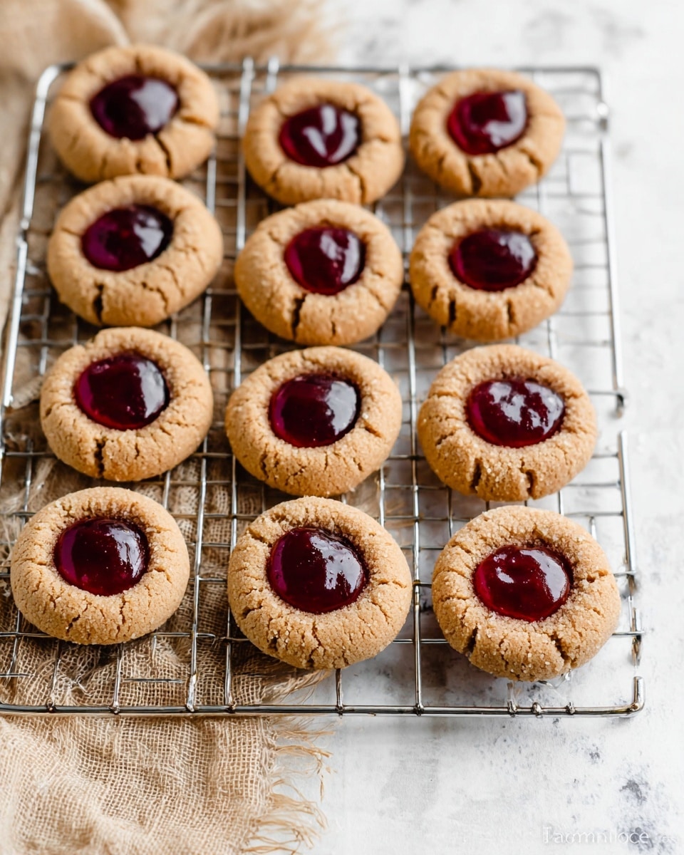 The image shows a metal cooling rack holding fifteen round thumbprint cookies, arranged in three rows of five. Each cookie has one layer of light brown, slightly cracked dough with a smooth, glossy dollop of dark red jam filling in the middle. The jam is slightly sunken, with a shiny texture that reflects light, contrasting with the crumbly cookie edges. The rack is placed on a white marbled surface with a rustic beige cloth underneath the rack. The photo is bright and clear, focusing softly on the cookies in the middle. photo taken with an iphone --ar 4:5 --v 7