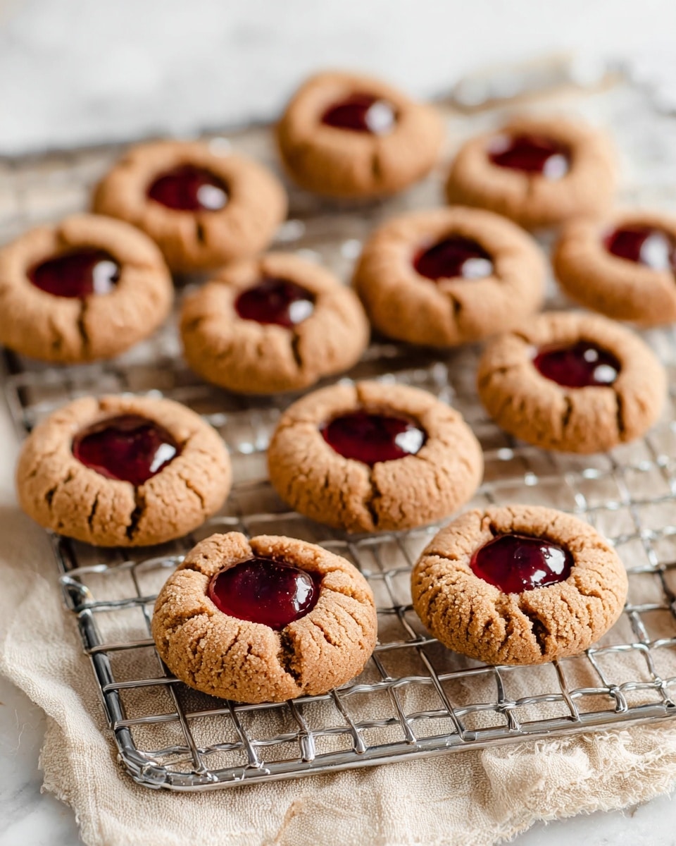The image shows a metal cooling rack placed on a white marbled textured surface with a beige cloth underneath. On the rack, there are fourteen small round cookies arranged in rows. Each cookie has a light brown, crumbly outer layer with visible cracks and a smooth, shiny dark red jam dollop in the center, creating two layers: the cookie base and the jam topping. The cookies look soft and fresh, and the photo is taken close-up with a shallow focus making the front cookies sharp and the back ones slightly blurred. photo taken with an iphone --ar 4:5 --v 7