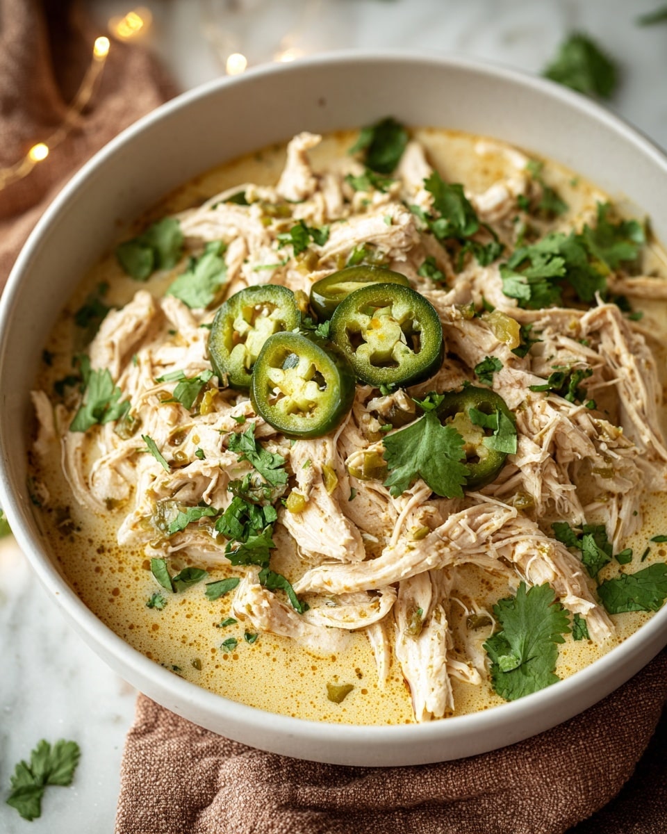 A white bowl filled with shredded white chicken meat soaked in a creamy light yellow sauce, topped with slices of green jalapeño peppers and fresh green cilantro leaves scattered on top and around the bowl. The bowl is placed on a white marbled surface with soft yellow lights blurred in the background, and a brown textured cloth is partially visible under the bowl. photo taken with an iphone --ar 4:5 --v 7