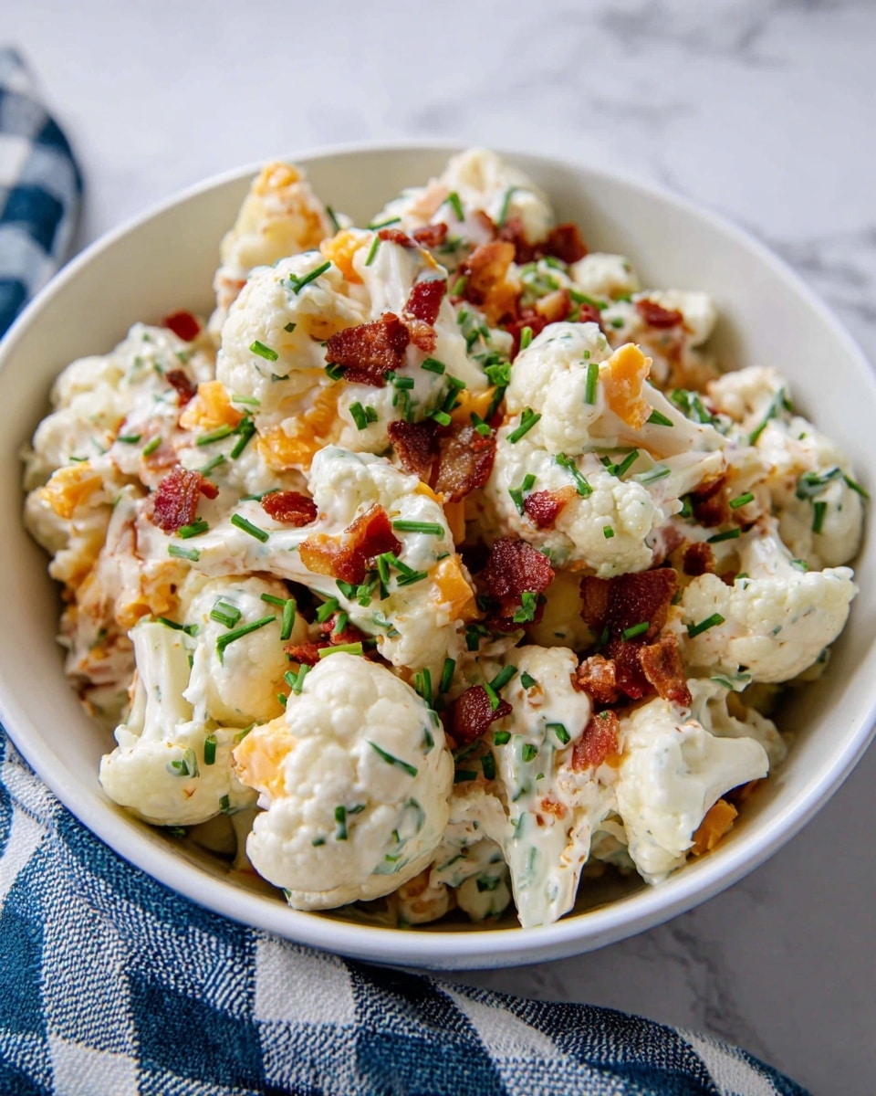 A white bowl filled with a creamy cauliflower salad showing three main layers: large white cauliflower florets coated with a smooth, creamy white dressing; small orange cheddar cheese cubes scattered evenly among the cauliflower; and small dark red-brown bacon bits spread throughout. Bright green chopped chives are sprinkled on top, adding color contrast. The bowl sits on a white marbled surface next to a blue and white checkered cloth. Photo taken with an iphone --ar 4:5 --v 7