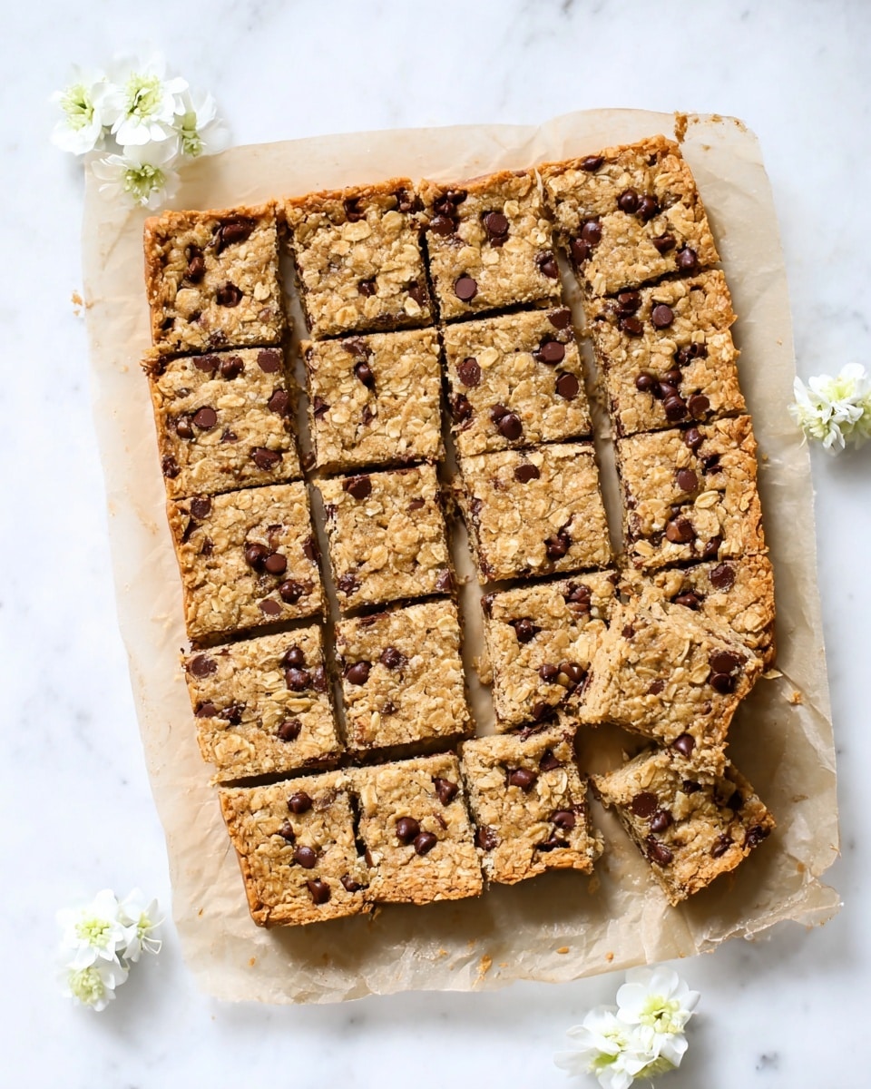 A batch of oatmeal chocolate chip bars cut into 24 square pieces laid out on a sheet of parchment paper on a white marbled surface. The bars show a golden-brown oat base with visible oats and evenly scattered dark chocolate chips on the top layer, giving a slightly bumpy and textured look. Some pieces are separated from the main batch, revealing a soft inner texture with chocolate chips inside. There are white small flowers placed around the bars on the surface. photo taken with an iphone --ar 4:5 --v 7