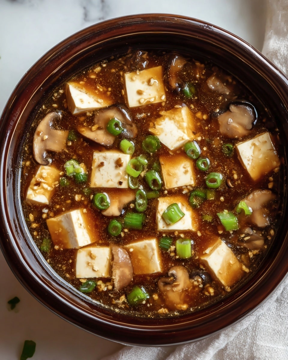 The image shows a close-up of a dark brown bowl filled with a thick soup. The soup has a rich dark brown broth with visible soft tofu cubes, light beige in color and smooth in texture, floating on top. There are also sliced mushrooms with a light brown color and a slightly slippery texture mixed throughout. On the surface, small chopped green onion pieces add a fresh green contrast, scattered evenly around the tofu and mushrooms. The bowl sits on a white marbled surface, with a white cloth visible on the side. The overall look is warm, hearty, and inviting, with a mix of soft textures and earthy colors. photo taken with an iphone --ar 4:5 --v 7