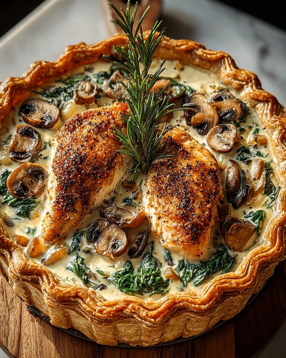 A golden brown pie with a thick, flaky crust as the base and raised crimped edges, filled with a creamy white sauce mixed with wilted green spinach and brown sautéed mushroom slices. On top, two dark pepper-crusted chicken breasts sit at the center, surrounded by more mushroom pieces, and the pie is decorated with a sprig of fresh green rosemary standing upright in the middle. The pie rests on a wooden board over a white marbled surface, with soft, natural lighting highlighting the textures. Photo taken with an iphone --ar 4:5 --v 7