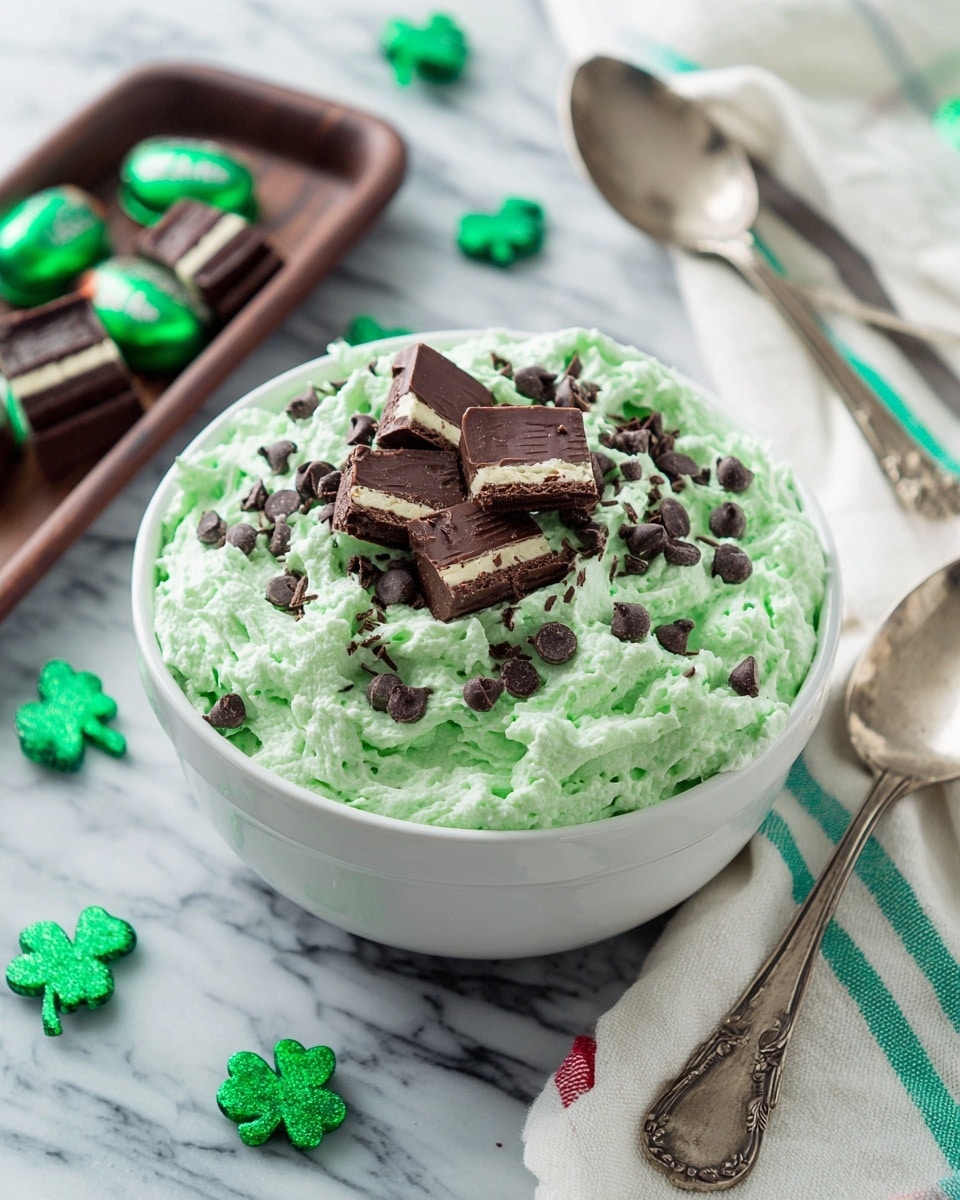 A single white bowl filled with light green whipped mixture, appearing fluffy and creamy, with small dark chocolate chip pieces mixed throughout. On top, it is decorated with scattered dark chocolate chips and several broken pieces of layered chocolate with light cream filling in the center. The bowl rests on a white marbled surface with a white cloth with colorful stripes beside it, and green foil-wrapped small chocolate candies scattered around. Two vintage silver spoons lay near the bowl on a dark wooden tray, with small green shamrock decorations nearby. Photo taken with an iphone --ar 4:5 --v 7