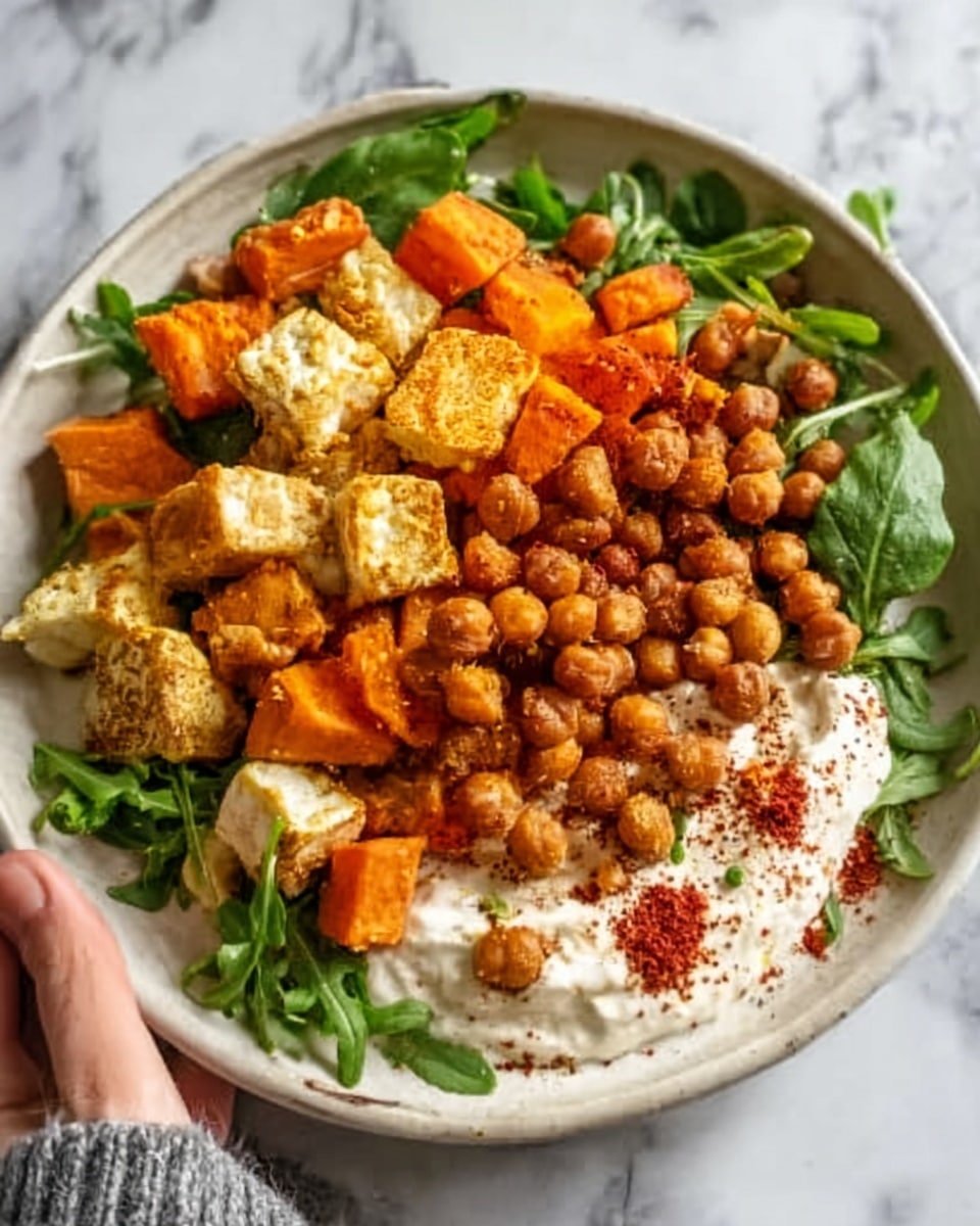 A white plate on a white marbled surface holds a colorful dish with several layers. The bottom layer is a spread of creamy white yogurt, smooth and thick. On top of the yogurt, there are green arugula leaves spread around the edges. Above this, roasted orange sweet potato cubes and golden brown crispy chickpeas are scattered evenly. There are pieces of golden-brown roasted paneer cheese and a few small, round dollops of red chili powder for a touch of color. A woman's hand is holding the edge of the plate. Photo taken with an iphone --ar 4:5 --v 7